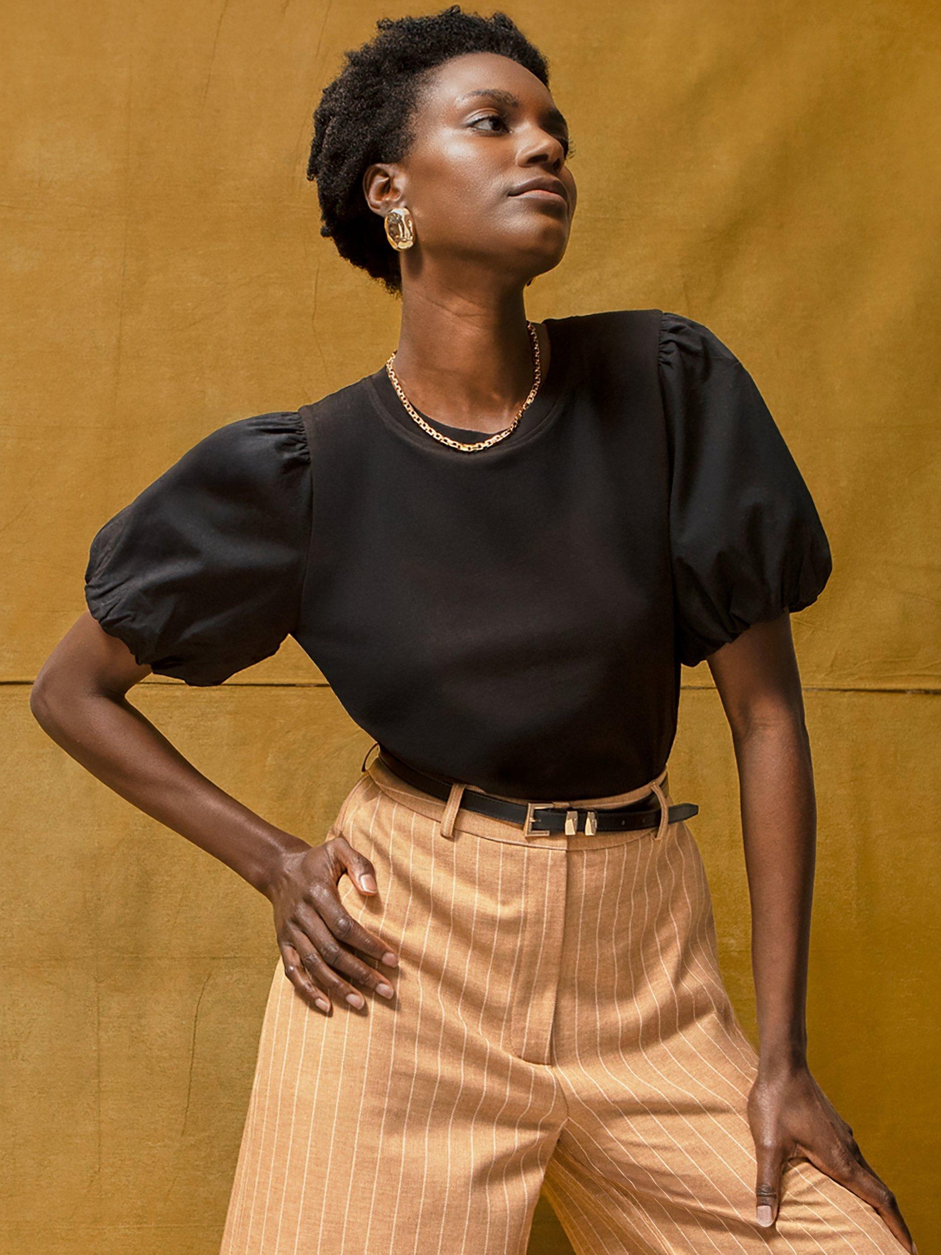 Product image 3 of 5, which shows Ro&Zo Puff Sleeve Pure Cotton T-Shirt, Black, XS