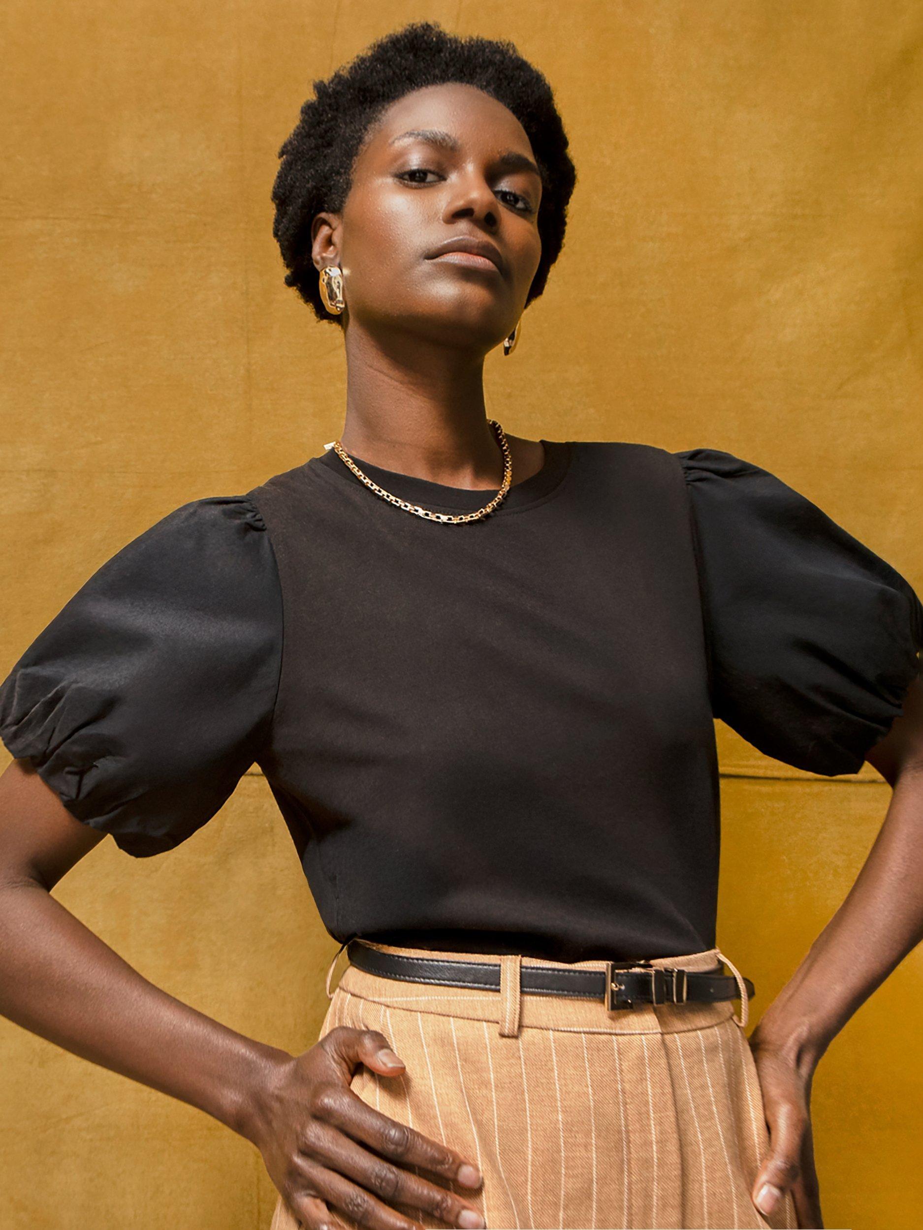Product image 4 of 5, which shows Ro&Zo Puff Sleeve Pure Cotton T-Shirt, Black, XS