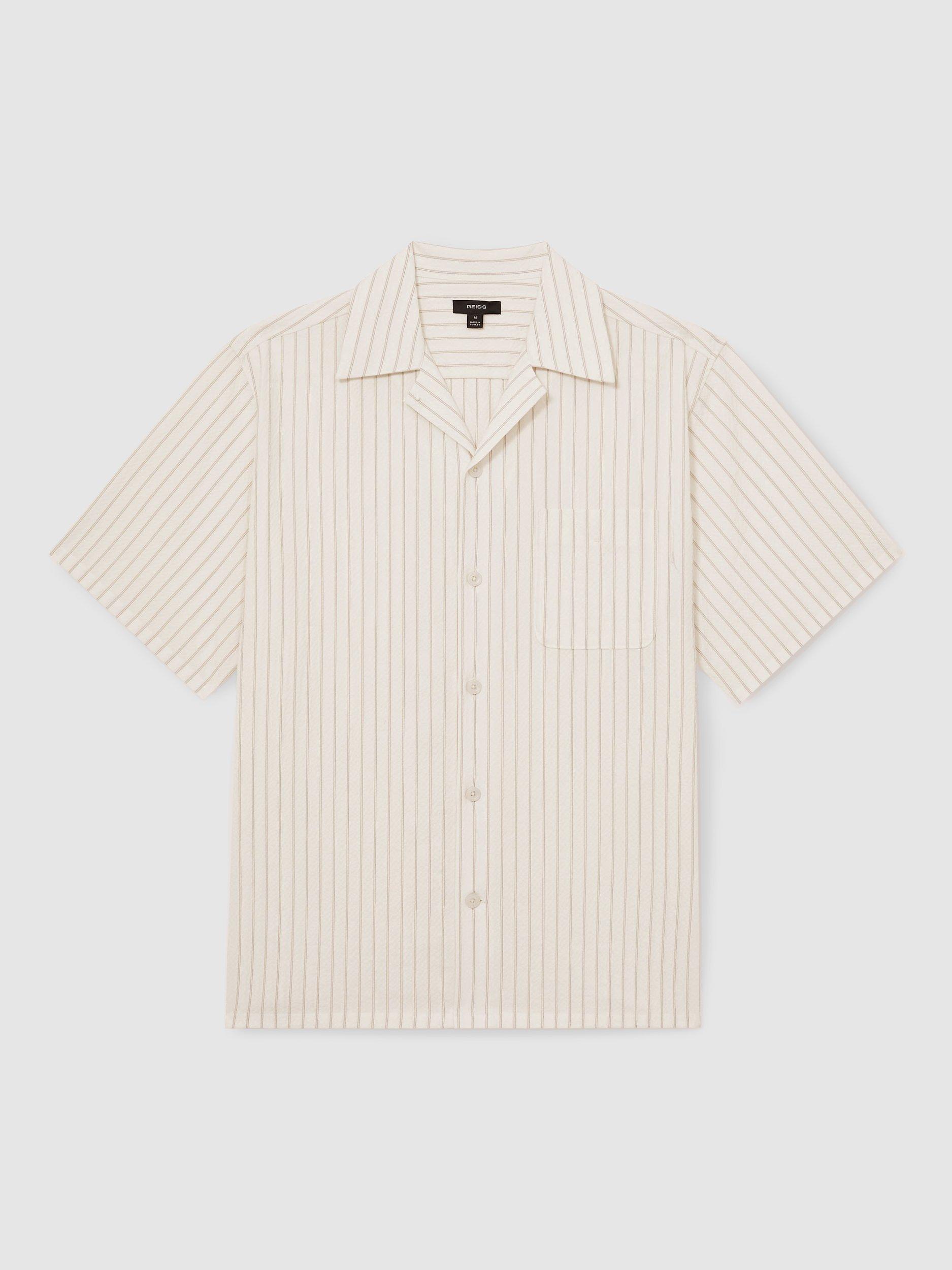 Product image 3 of 5, which shows Reiss Easton Stripe Cotton Blend Shirt, White Taupe/Brown, S