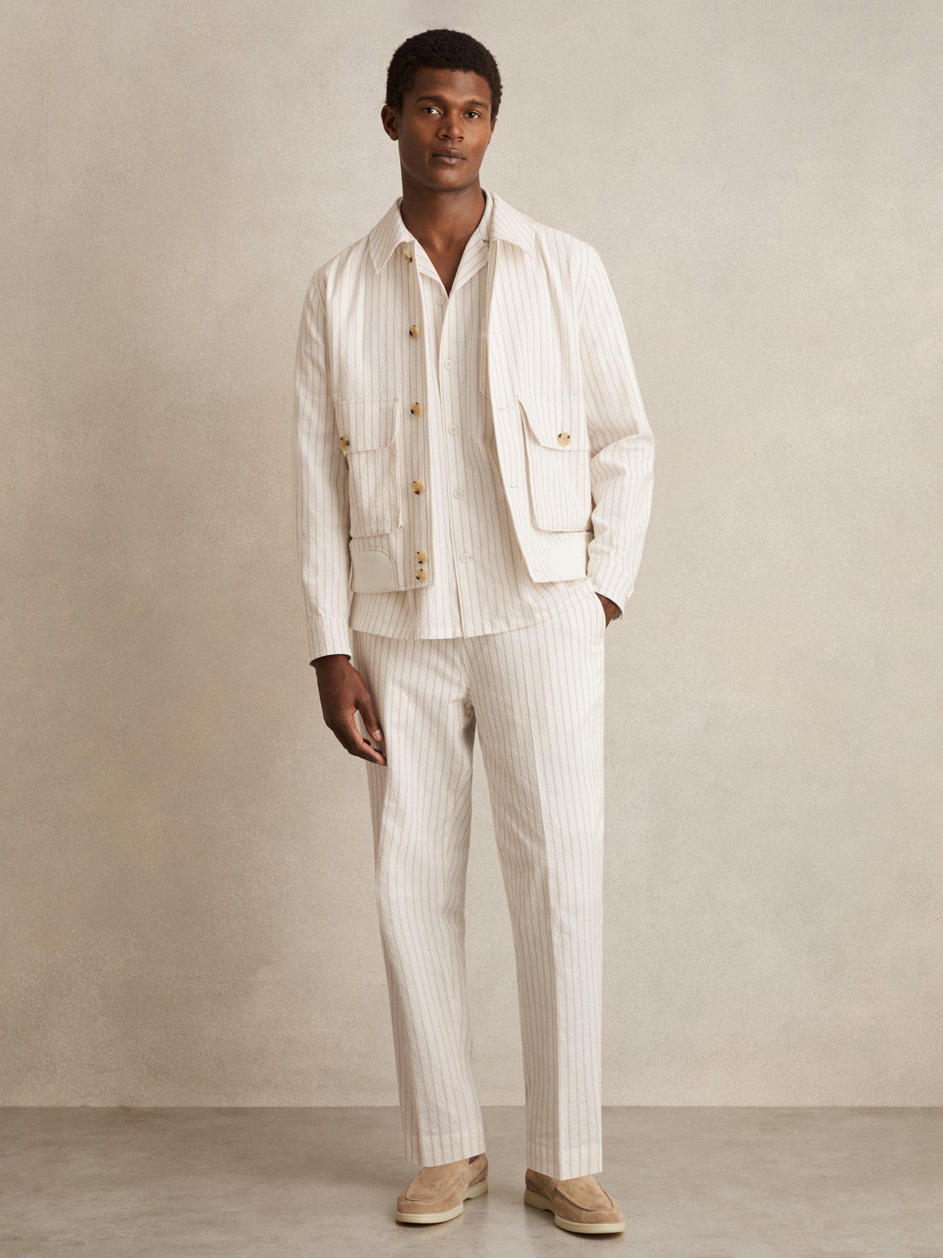 Product image 4 of 5, which shows Reiss Easton Stripe Cotton Blend Shirt, White Taupe/Brown, S