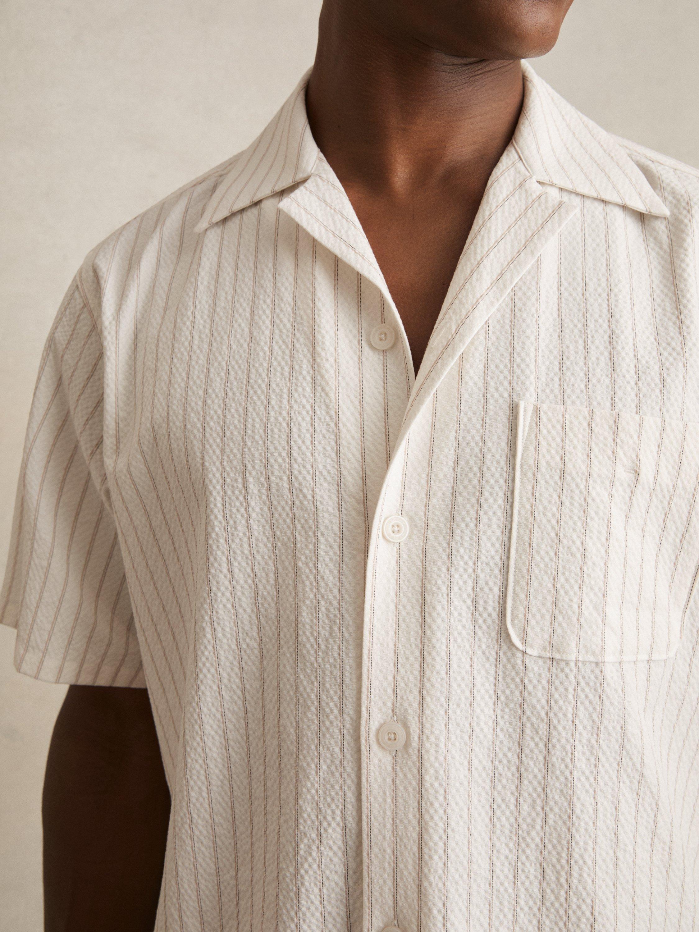 Product image 5 of 5, which shows Reiss Easton Stripe Cotton Blend Shirt, White Taupe/Brown, S