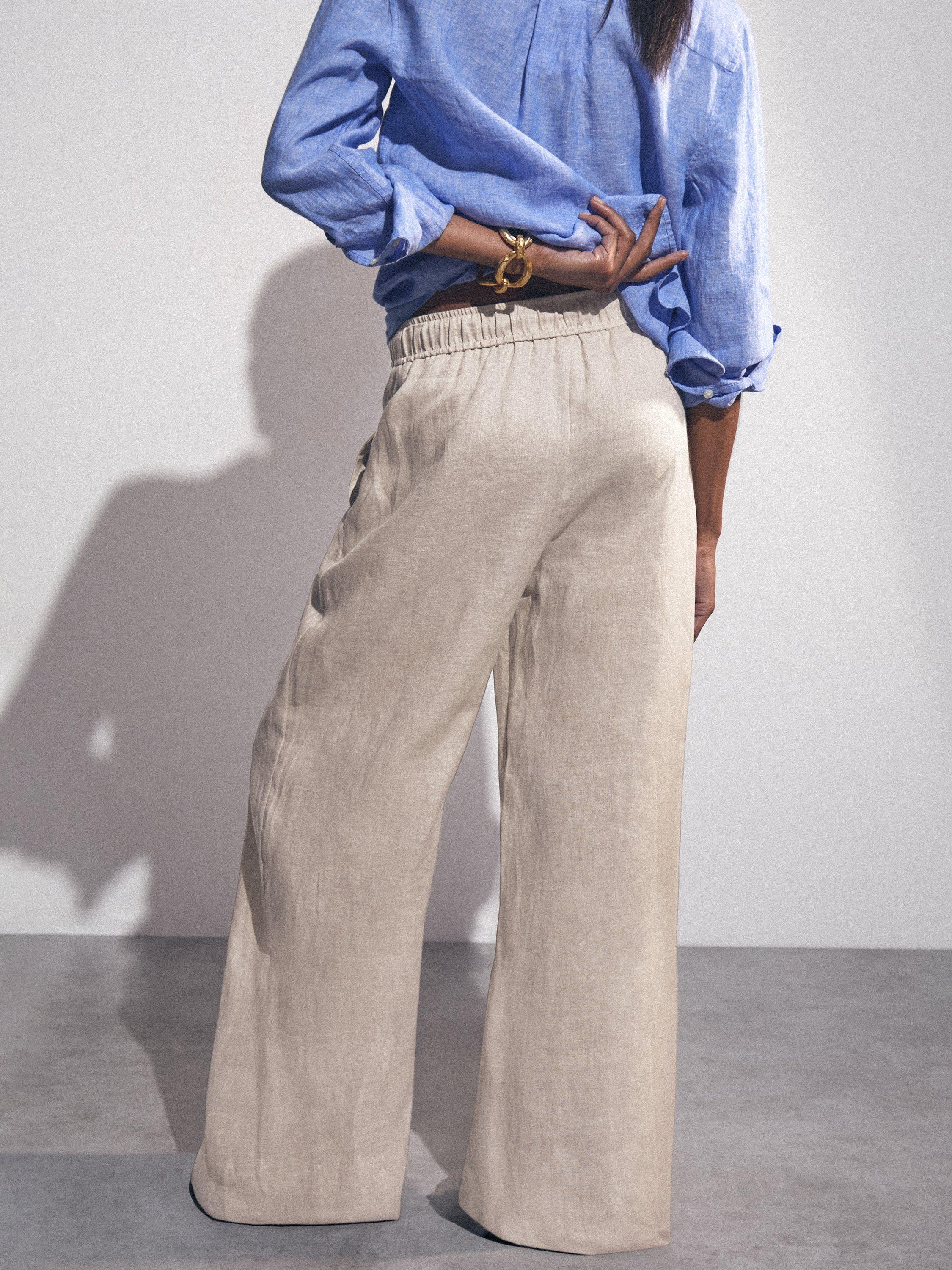 Product image 2 of 5, which shows Reiss Willow Linen Petite Wide Leg Trousers, Neutral, 6Pt