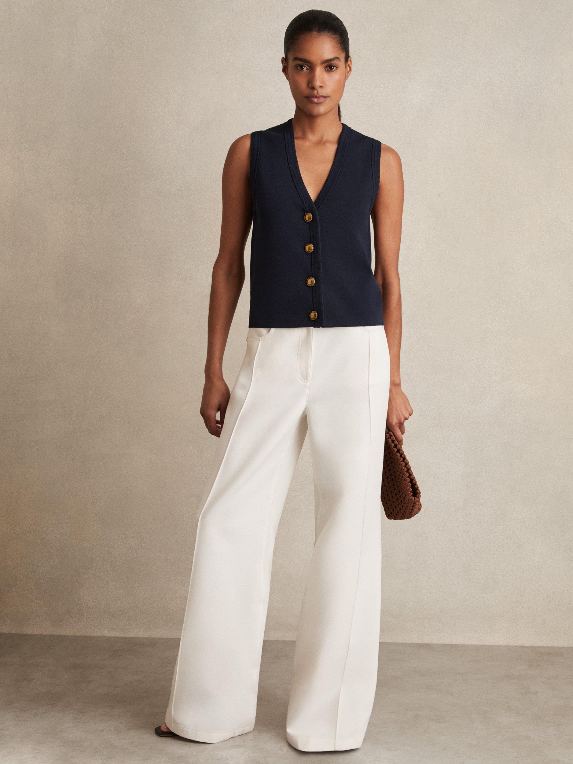 Product image 1 of 5, which shows Reiss Gaia Knitted Button Through Vest, Navy, XS