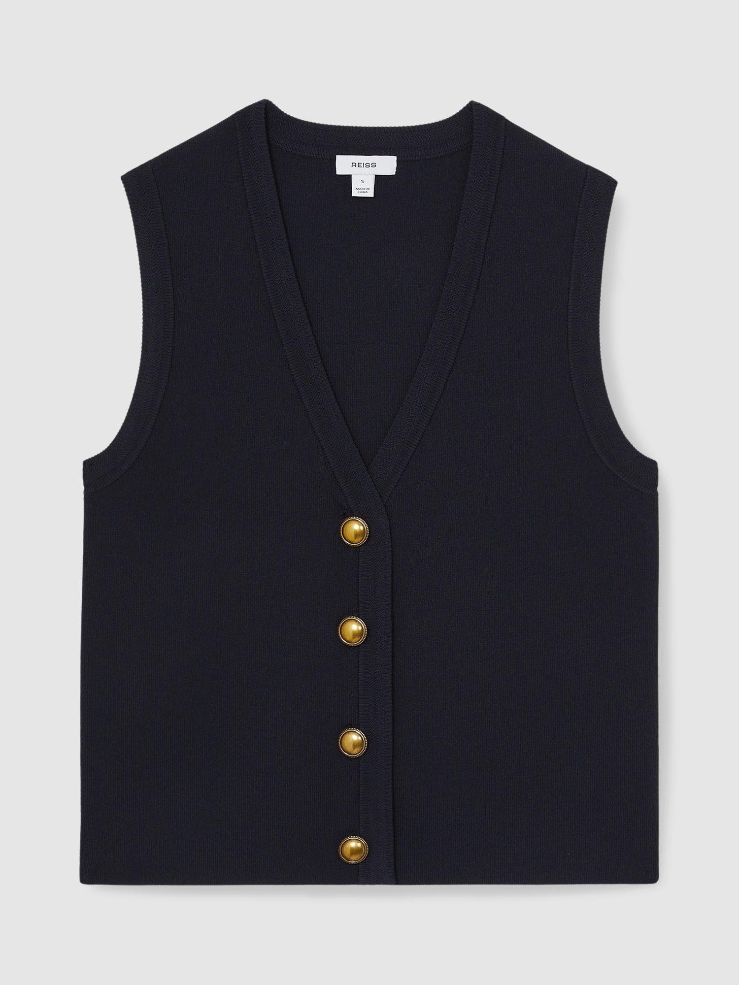 Product image 3 of 5, which shows Reiss Gaia Knitted Button Through Vest, Navy, XS