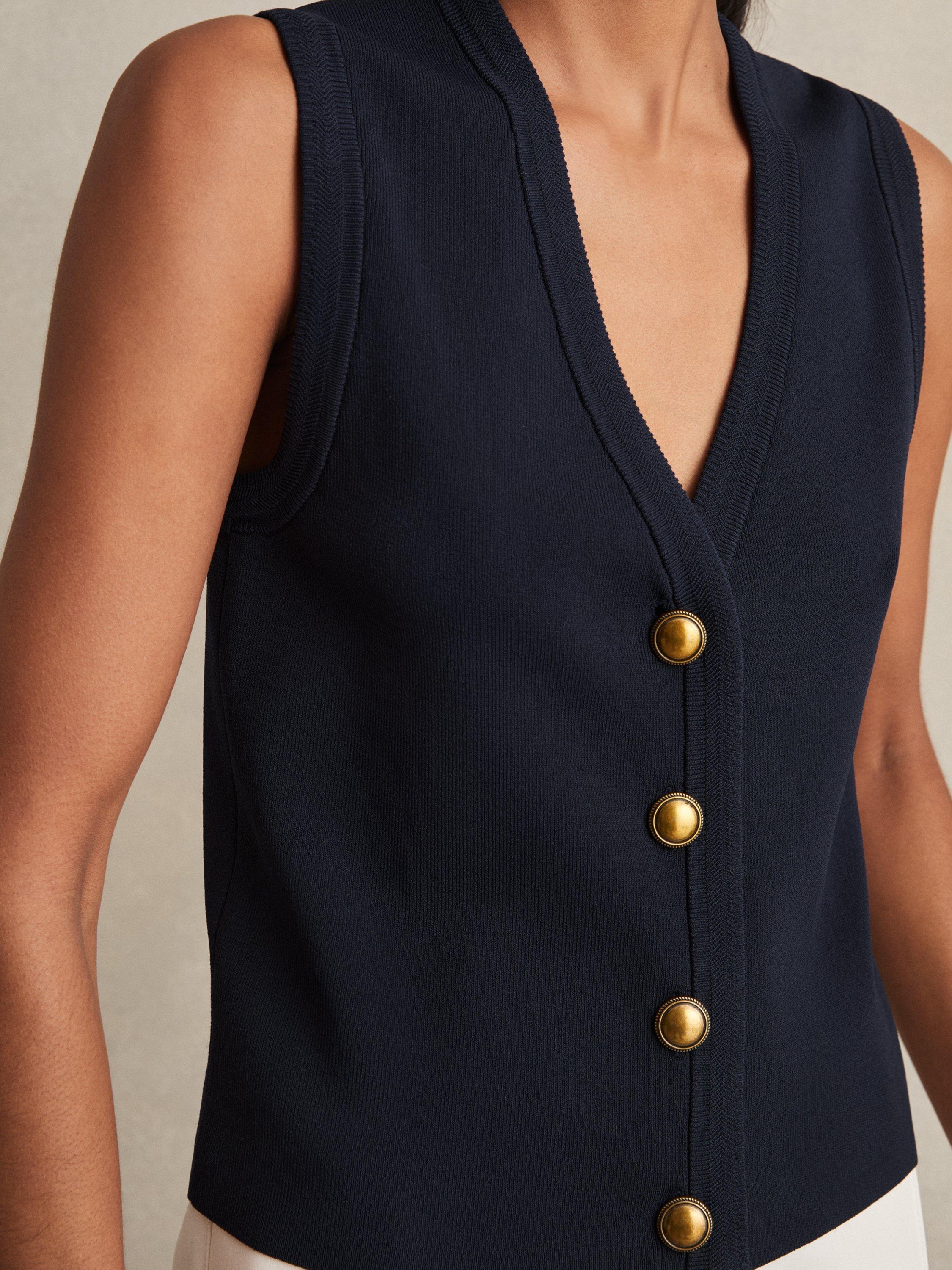 Product image 4 of 5, which shows Reiss Gaia Knitted Button Through Vest, Navy, XS