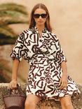 Reiss Camelia Linen Blend Printed Shirt Dress, Brown/Multi