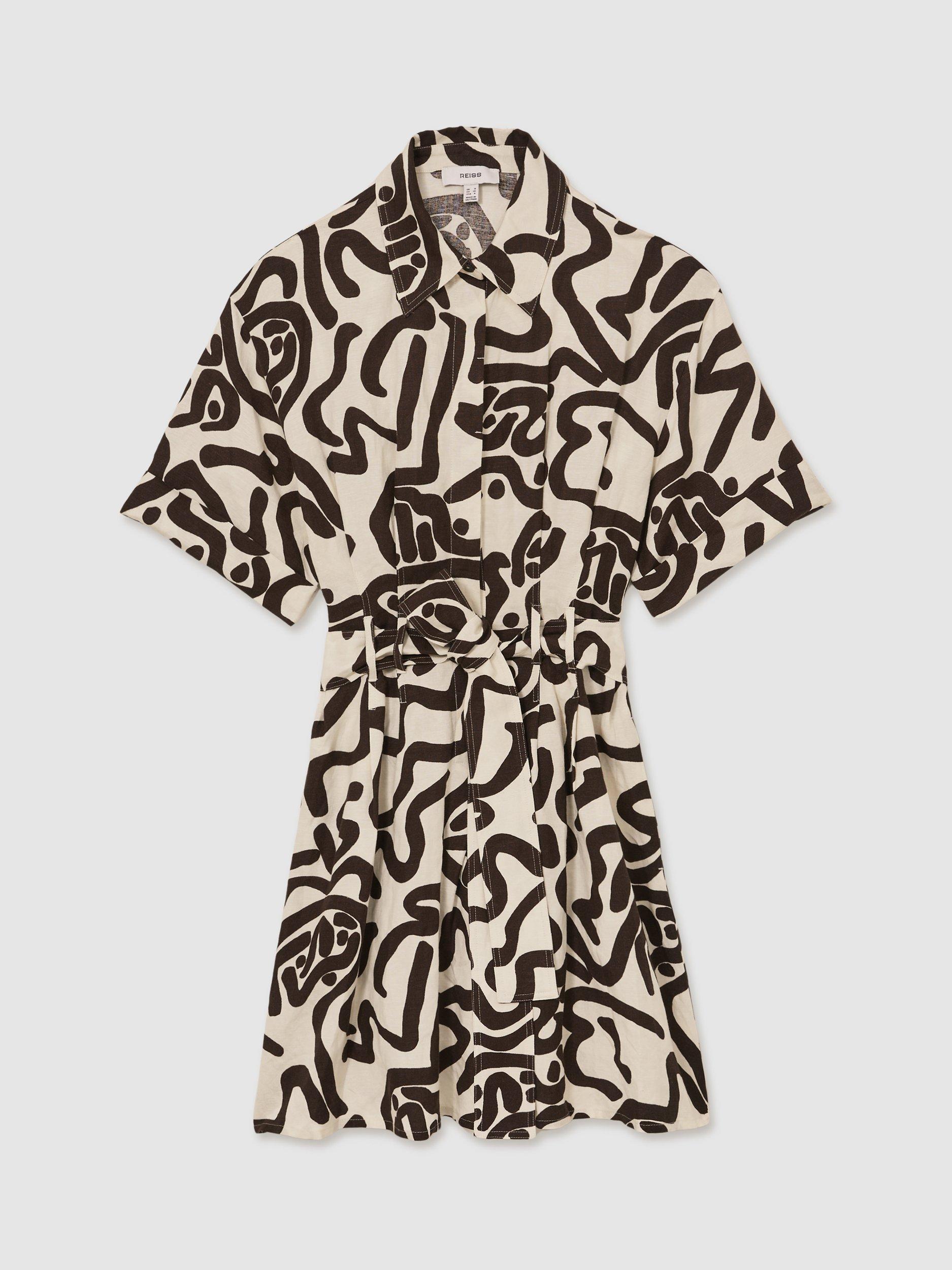 Product image 3 of 5, which shows Reiss Camelia Linen Blend Printed Shirt Dress, Brown/Multi, 6