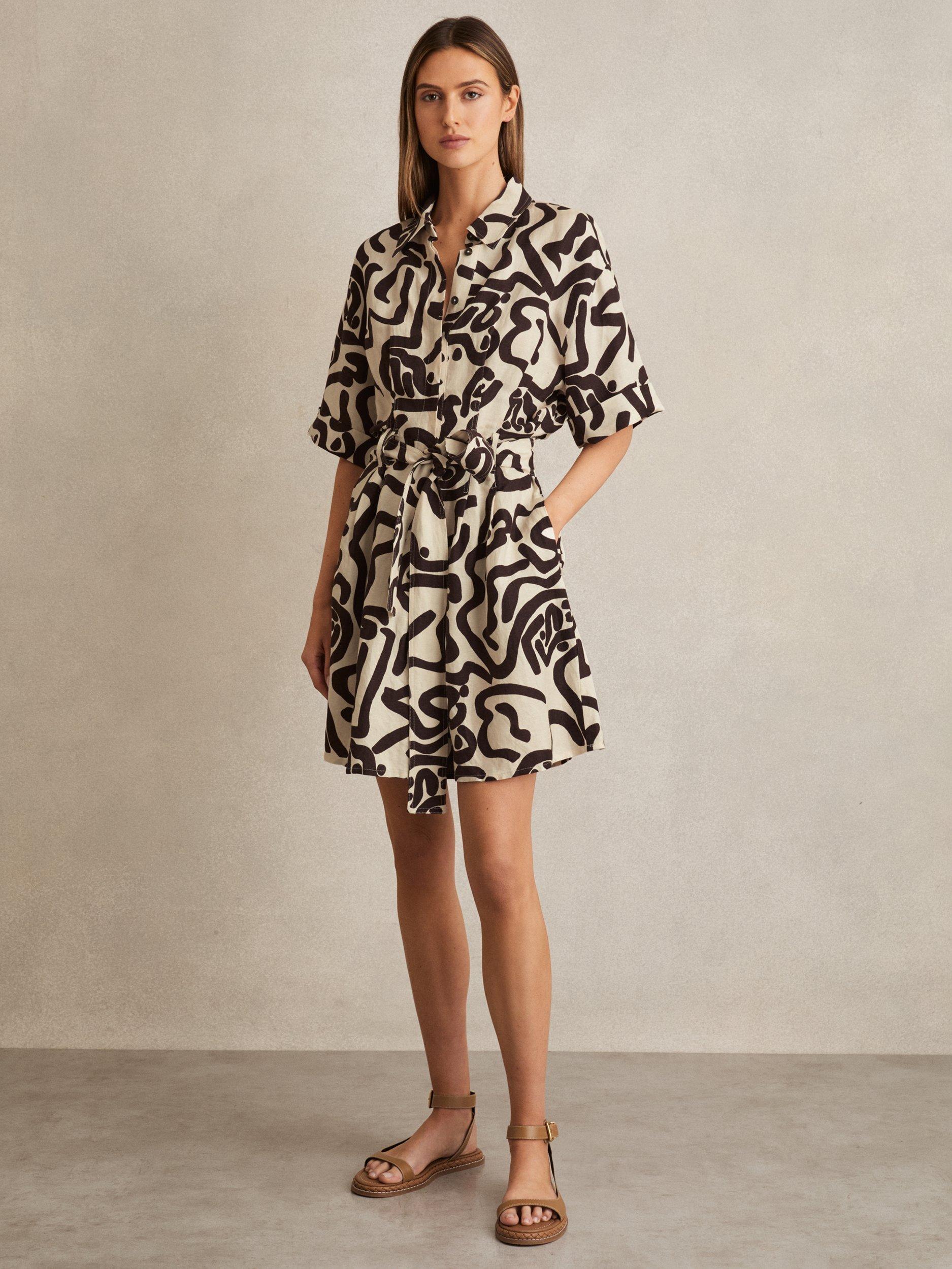 Product image 4 of 5, which shows Reiss Camelia Linen Blend Printed Shirt Dress, Brown/Multi, 6