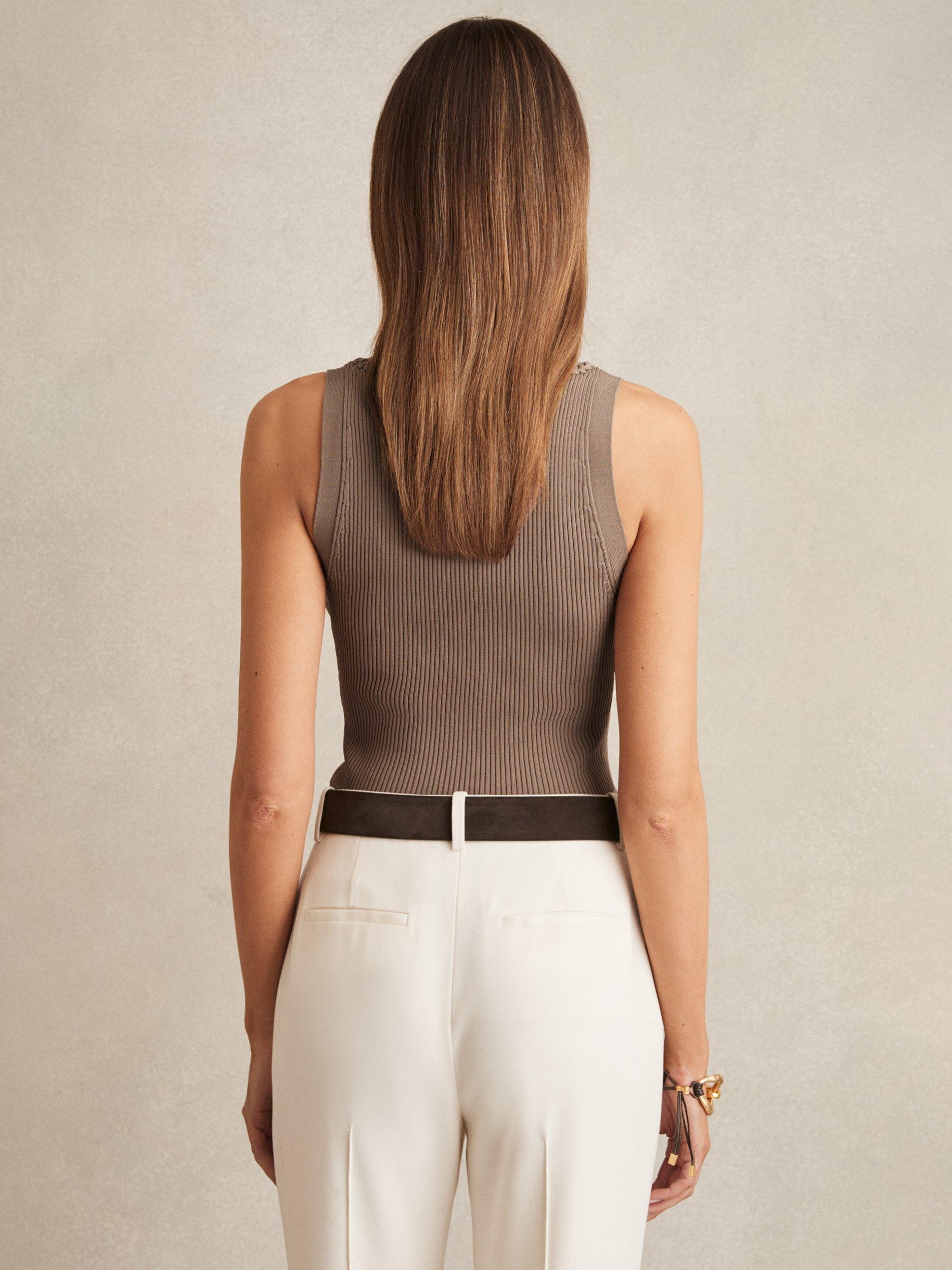 Product image 2 of 5, which shows Reiss Lanette Mink Craft Stitch Sleeveless V Neck Vest, Mink, XS