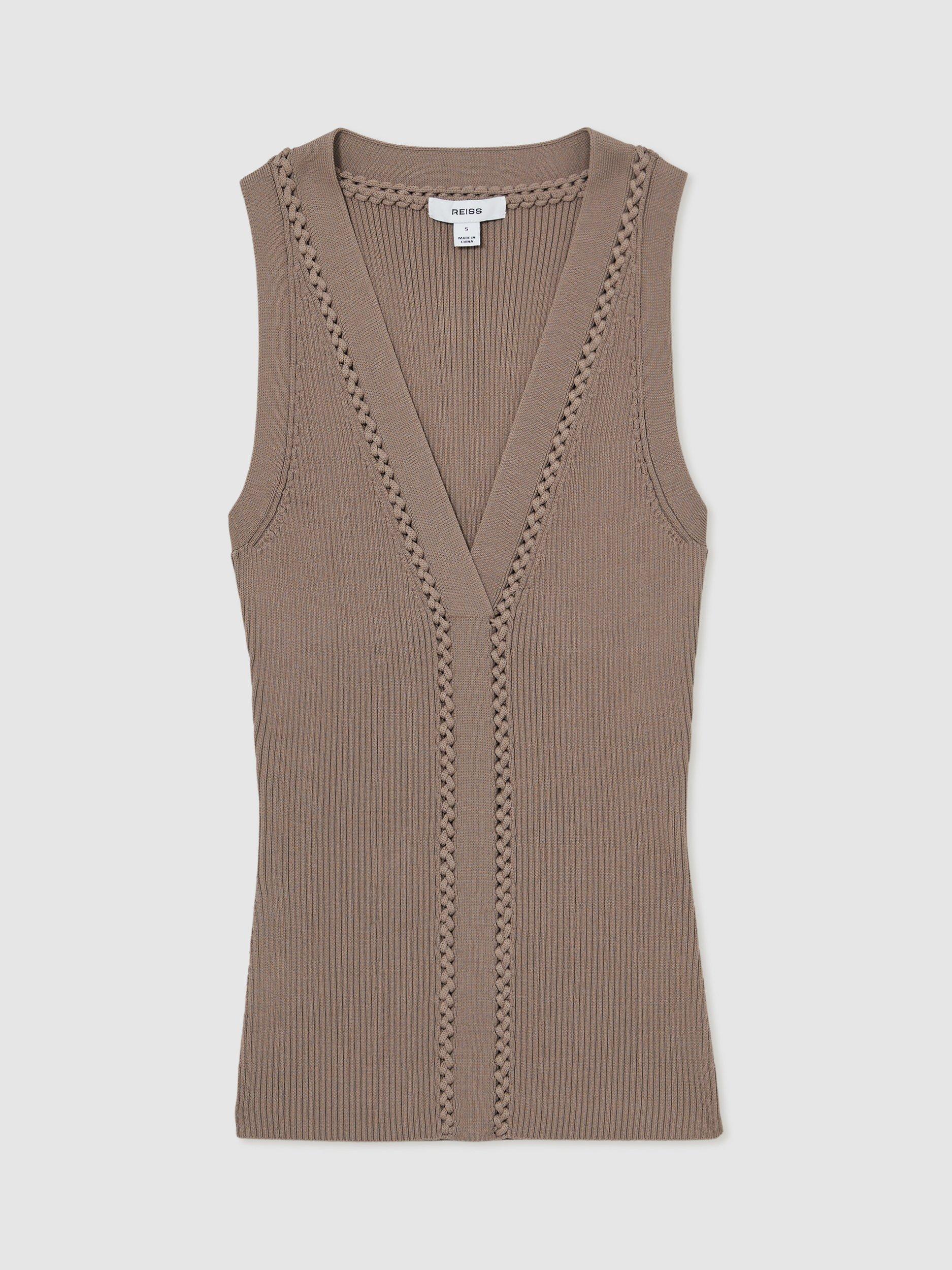 Product image 3 of 5, which shows Reiss Lanette Mink Craft Stitch Sleeveless V Neck Vest, Mink, XS