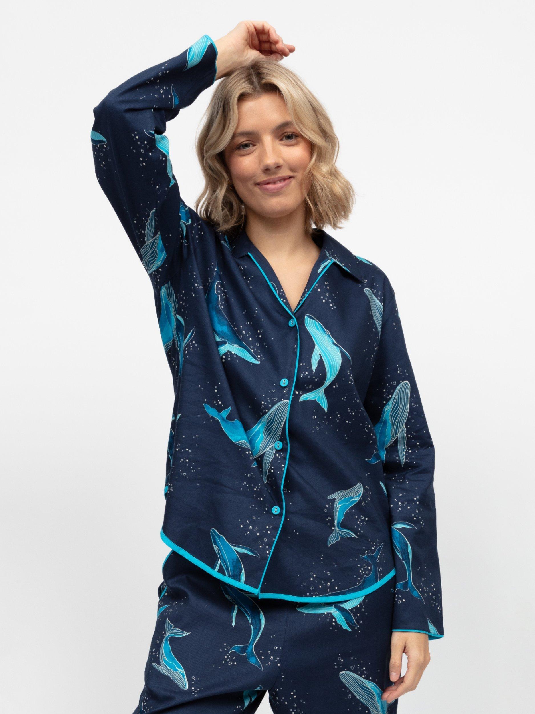 Product image 1 of 4, which shows Cyberjammies Marina Whale Print Pyjama Top, Navy/Multi, 6