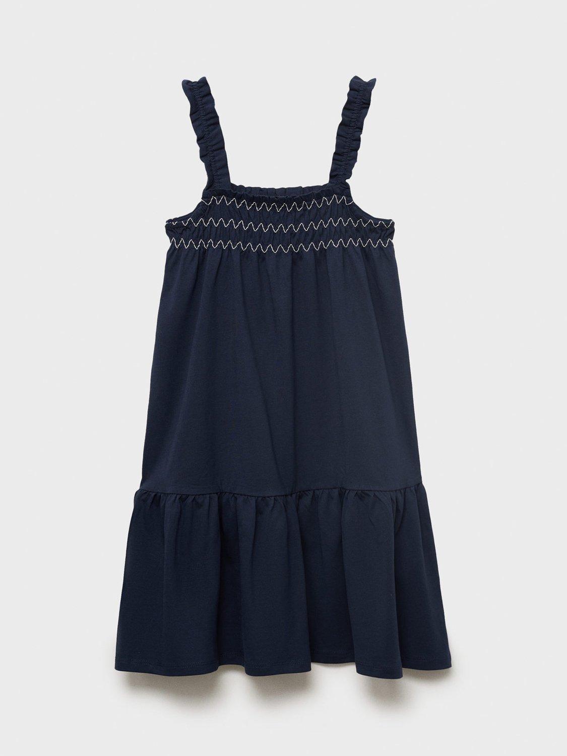 Product image 2 of 6, which shows Mango Kids' Amelia Cotton Sleeveless Ruffle Dress, Navy, 11-12 years