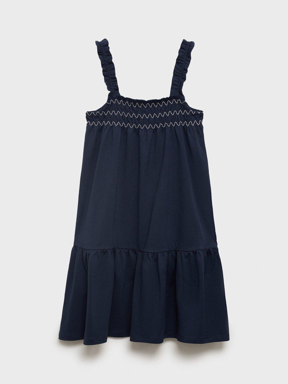 Product image 3 of 6, which shows Mango Kids' Amelia Cotton Sleeveless Ruffle Dress, Navy, 11-12 years