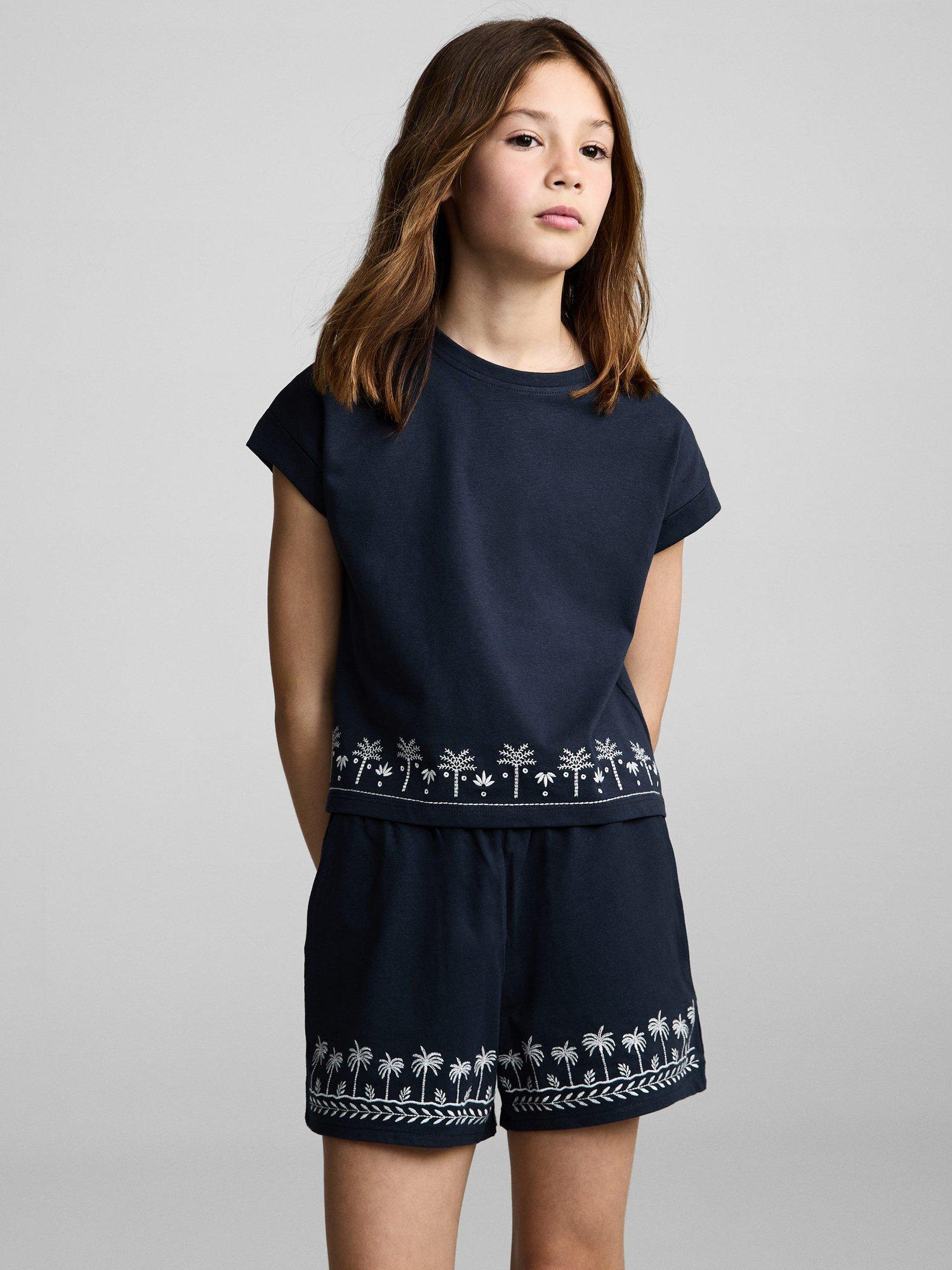 Product image 1 of 6, which shows Mango Kids' Cotton Embroidered Palm Tree Shorts, Navy, 11-12 years