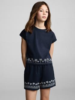 Mango Kids' Cotton Embroidered Palm Tree Shorts, Navy, Navy