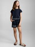 Mango Kids' Cotton Embroidered Palm Tree Shorts, Navy