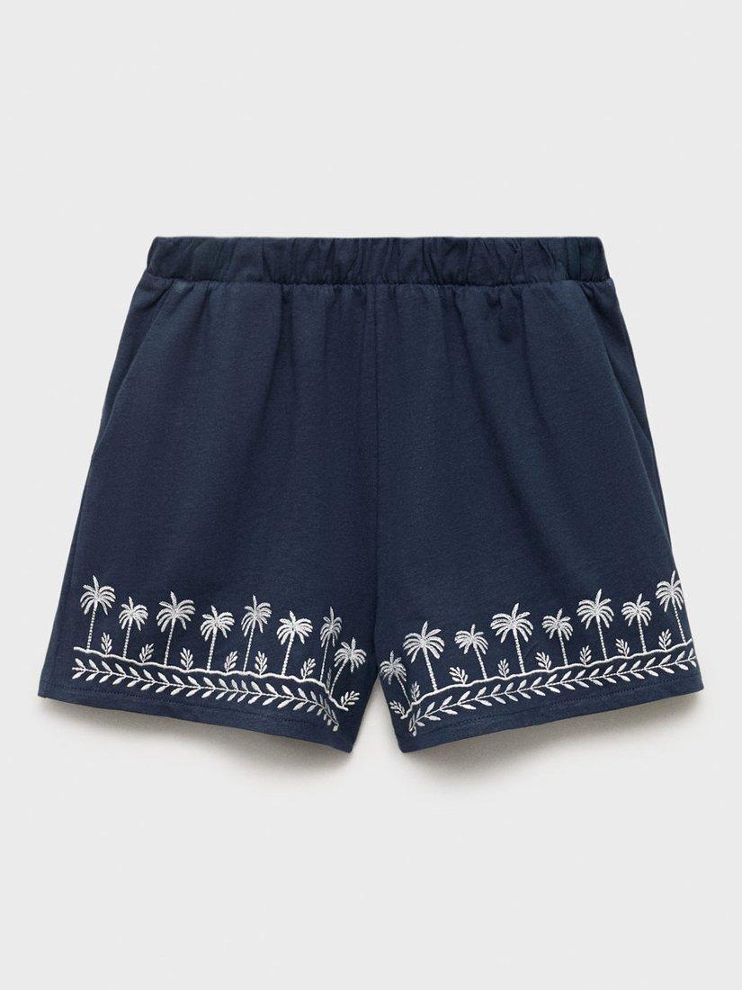 Product image 3 of 6, which shows Mango Kids' Cotton Embroidered Palm Tree Shorts, Navy, 11-12 years
