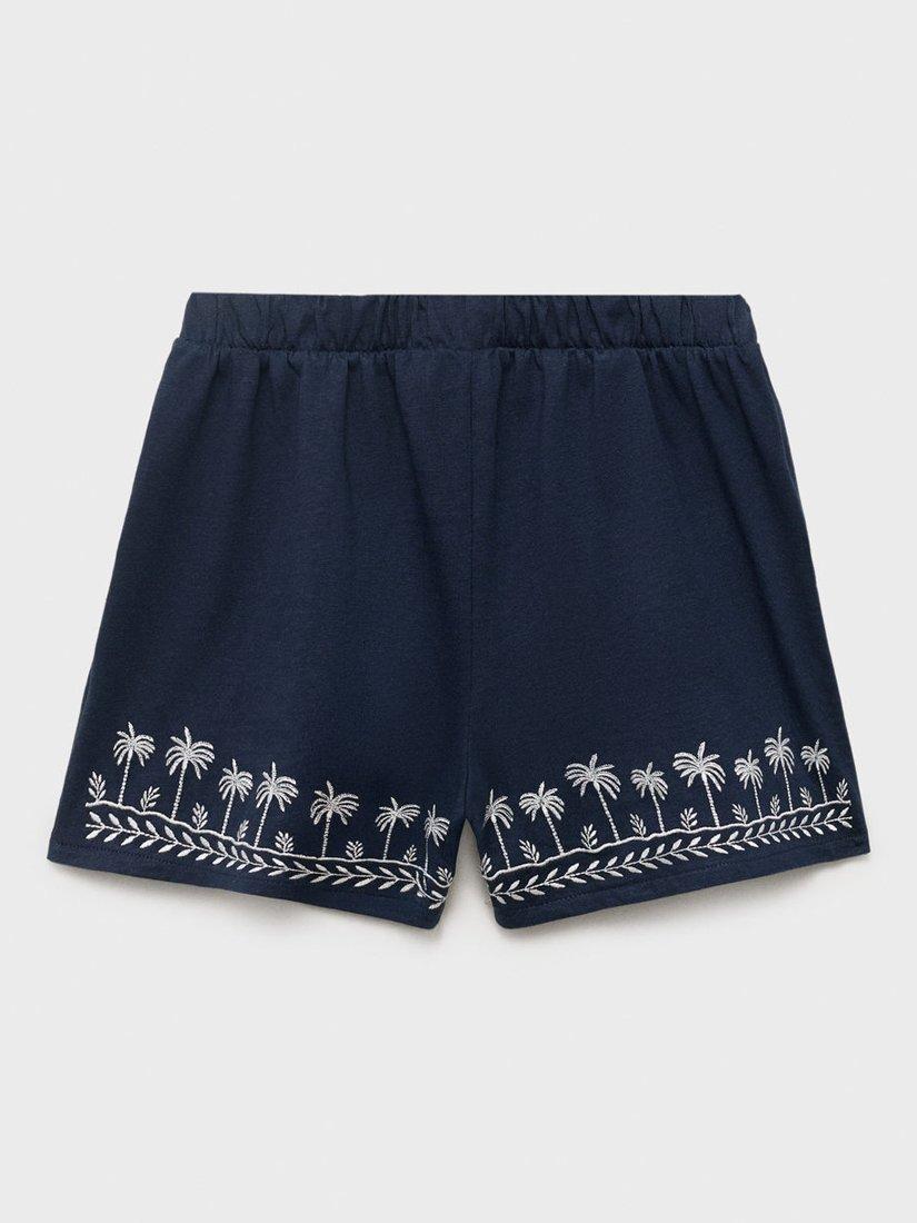 Product image 4 of 6, which shows Mango Kids' Cotton Embroidered Palm Tree Shorts, Navy, 11-12 years