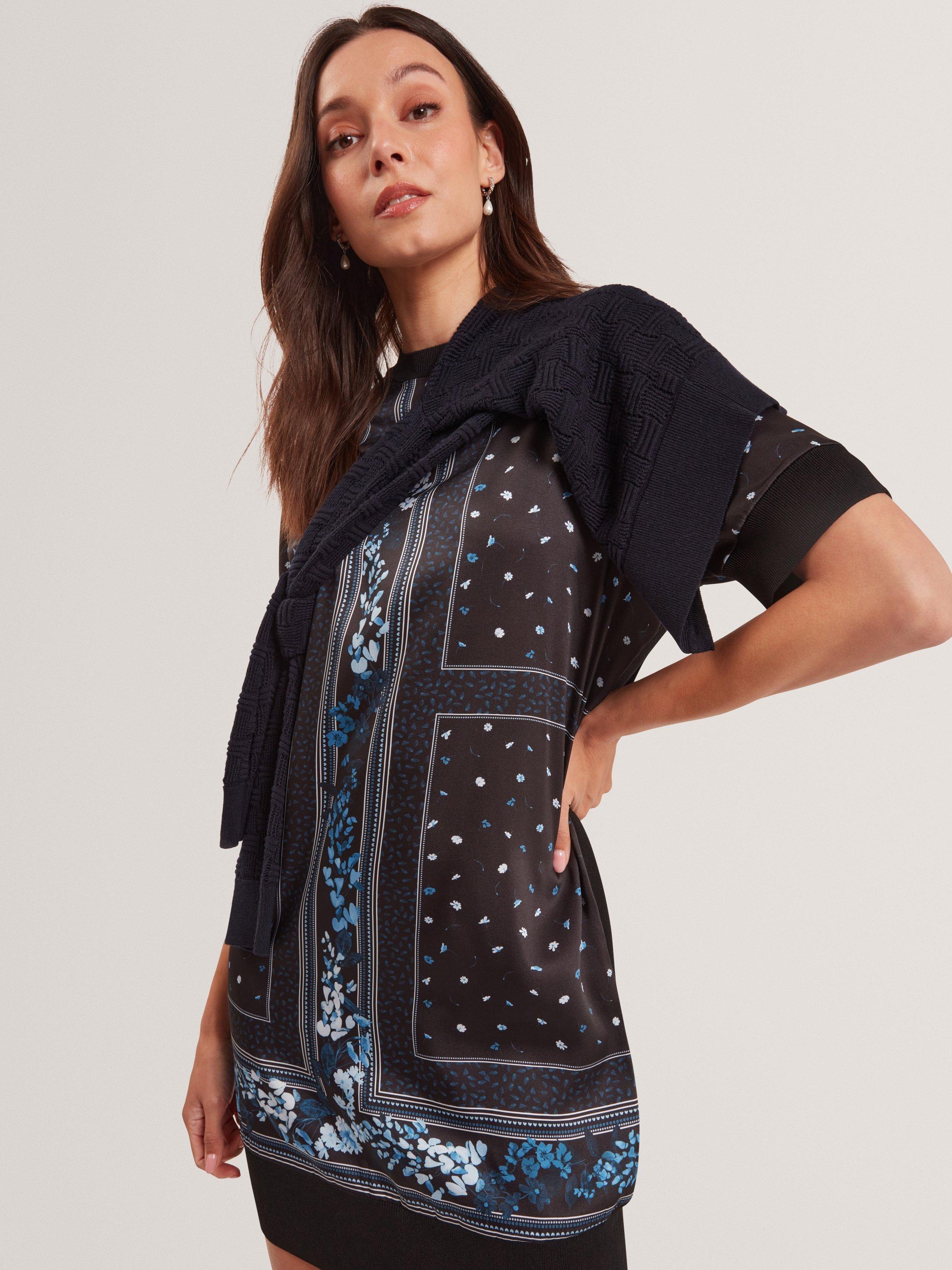 Product image 3 of 6, which shows Ted Baker Short Sleeve Crew Neck Mini Shift Dress, Black/Multi, 8