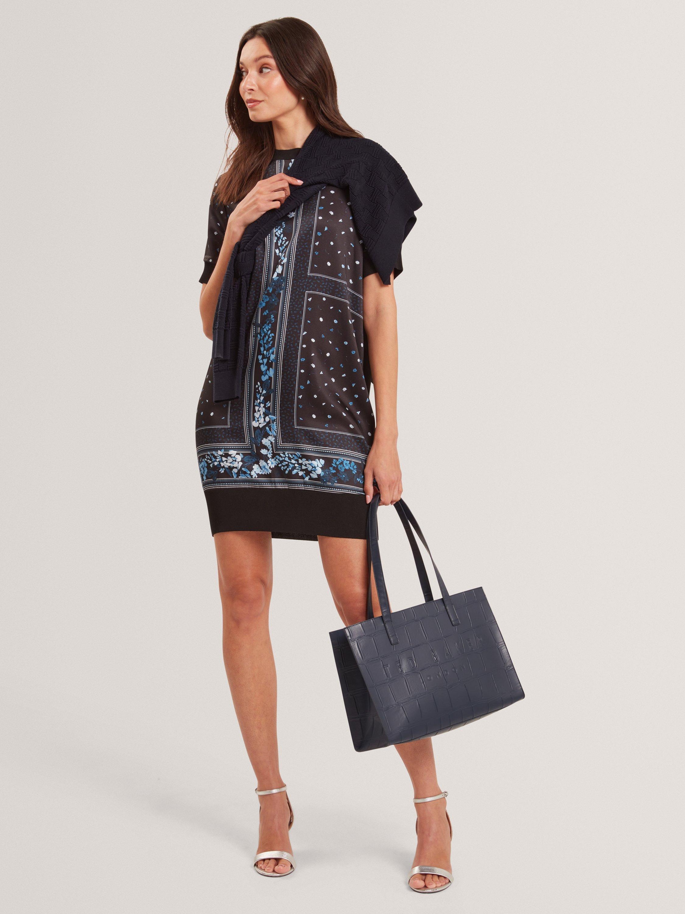 Product image 4 of 6, which shows Ted Baker Short Sleeve Crew Neck Mini Shift Dress, Black/Multi, 8