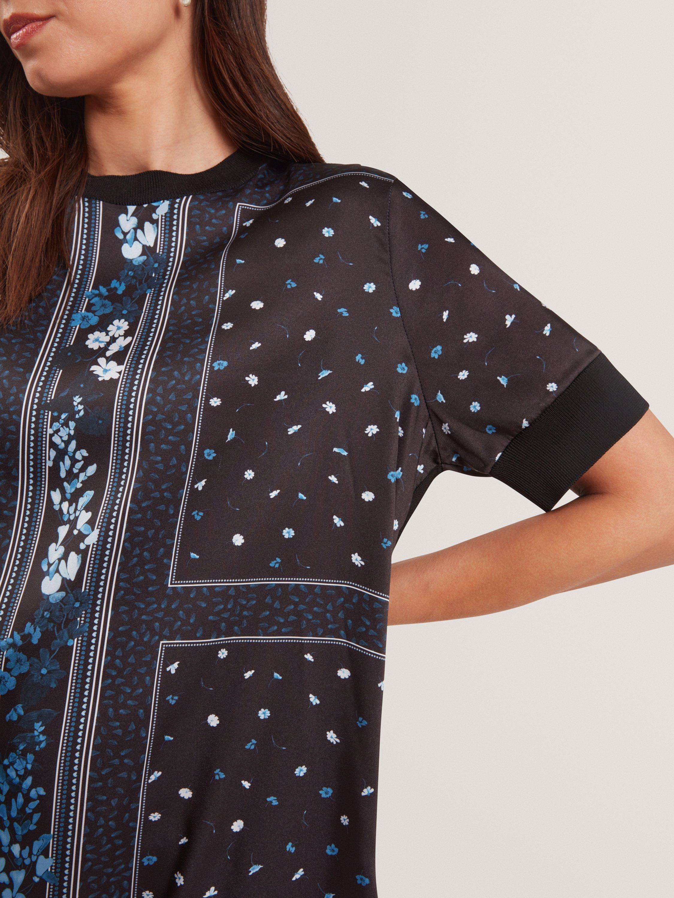 Product image 5 of 6, which shows Ted Baker Short Sleeve Crew Neck Mini Shift Dress, Black/Multi, 8