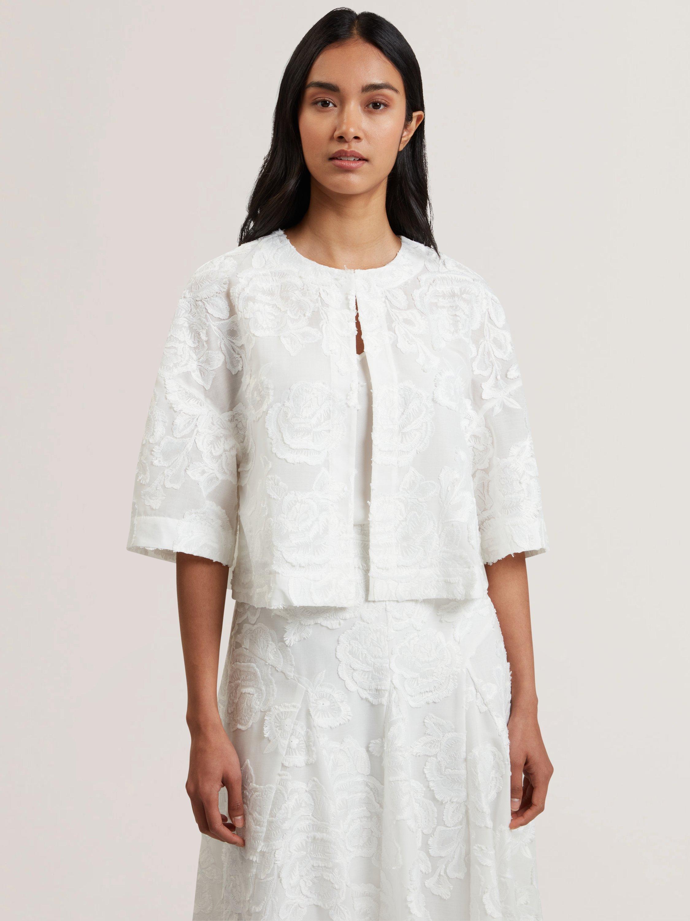 Product image 1 of 6, which shows Ted Baker Textured Rose Collarless Boxy Fit Cropped Jacket, White, 6