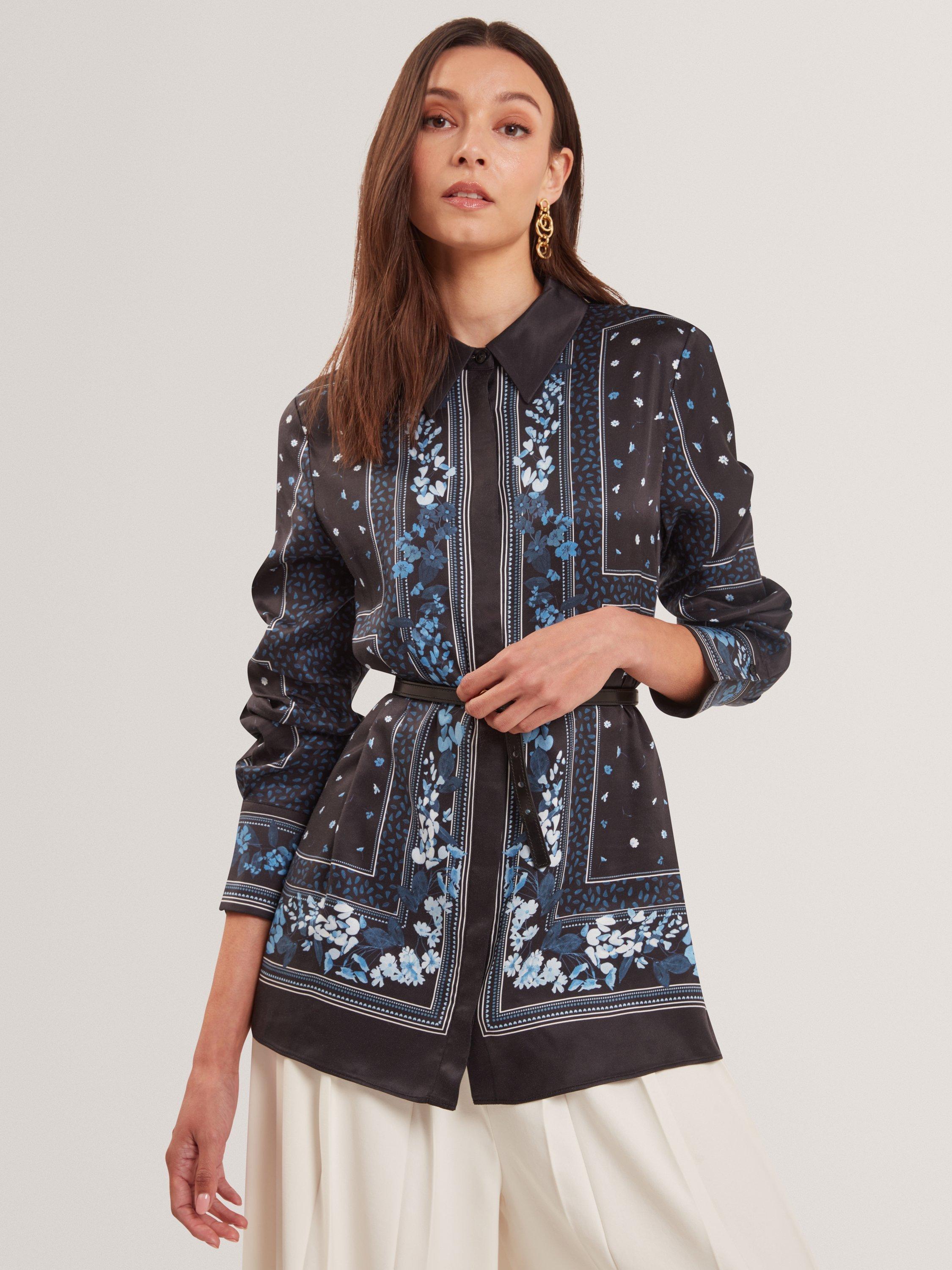 Product image 1 of 5, which shows Ted Baker Button Neck Longline Shirt , Black/Multi, 6