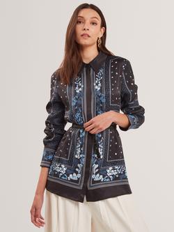 Ted Baker Button Neck Longline Shirt, Black/Multi