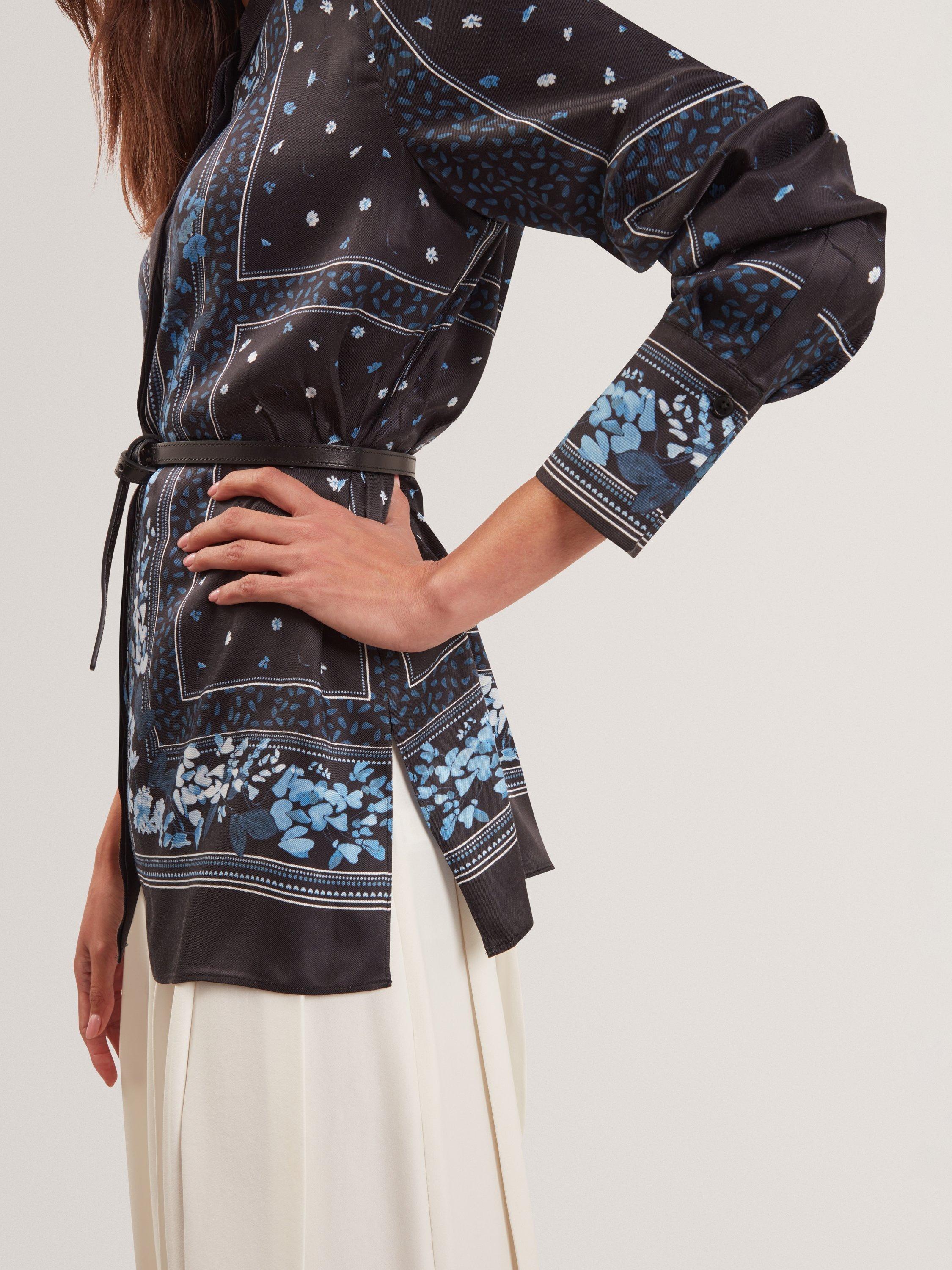 Product image 3 of 5, which shows Ted Baker Button Neck Longline Shirt , Black/Multi, 6