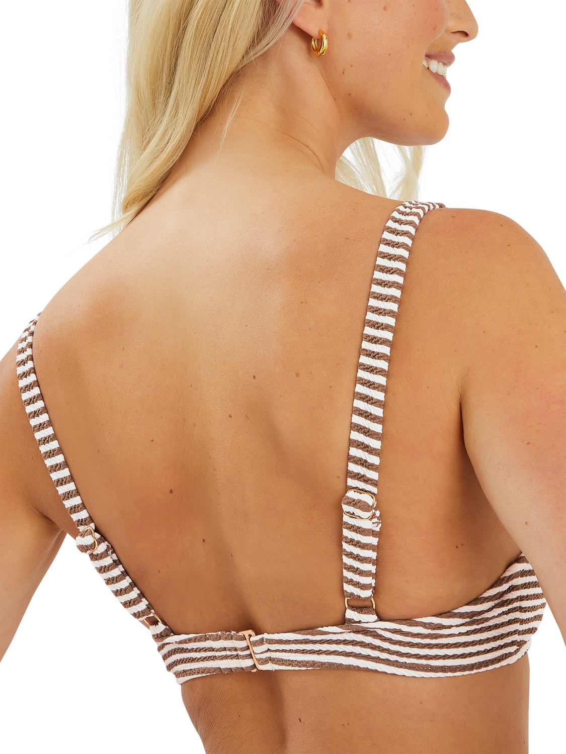Product image 2 of 3, which shows Accessorize Textured Stripe Tie Front Bikini Top, Beige, 6