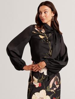 Ted Baker Ortuga Floral Print Wrap Tie Neck Blouse, Black/Multi