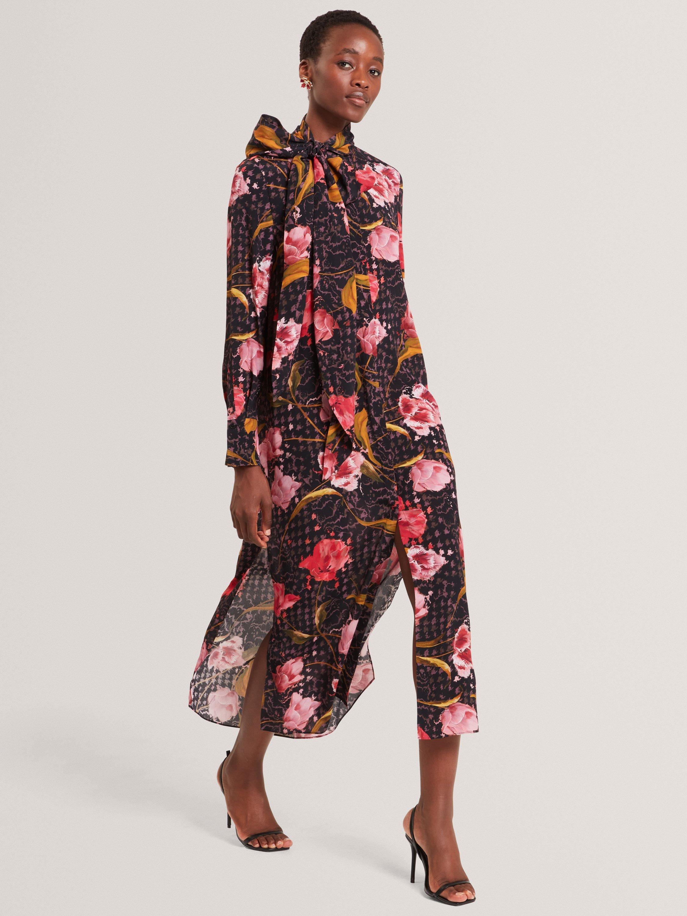 Ted Baker Elann Floral Print Pussybow Tie Neck Midi Dress