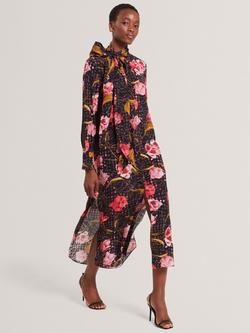 Ted Baker Elann Floral Print Pussybow Tie Neck Midi Dress, Black/Multi