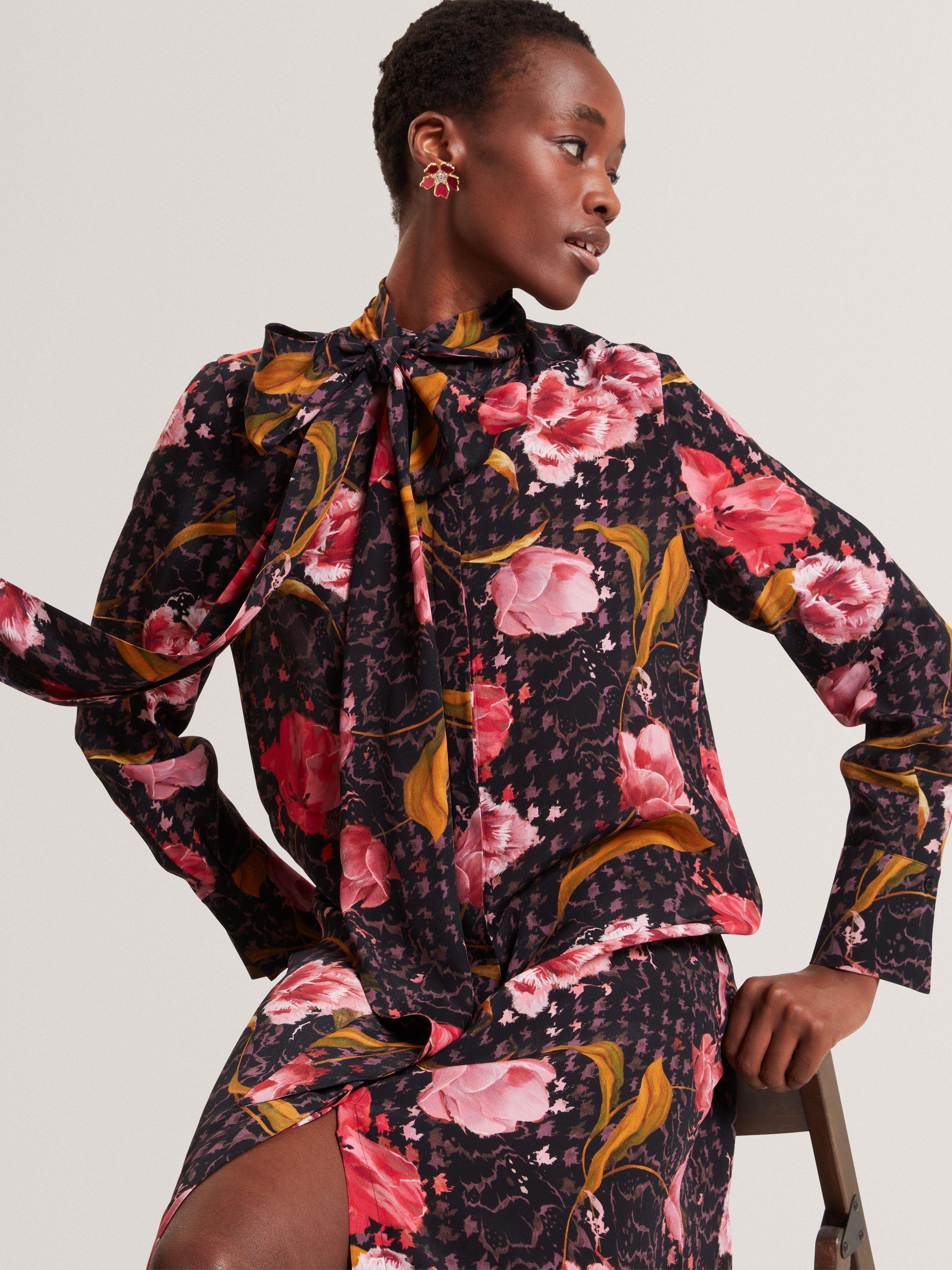 Ted Baker Elann Floral Print Pussybow Tie Neck Midi Dress
