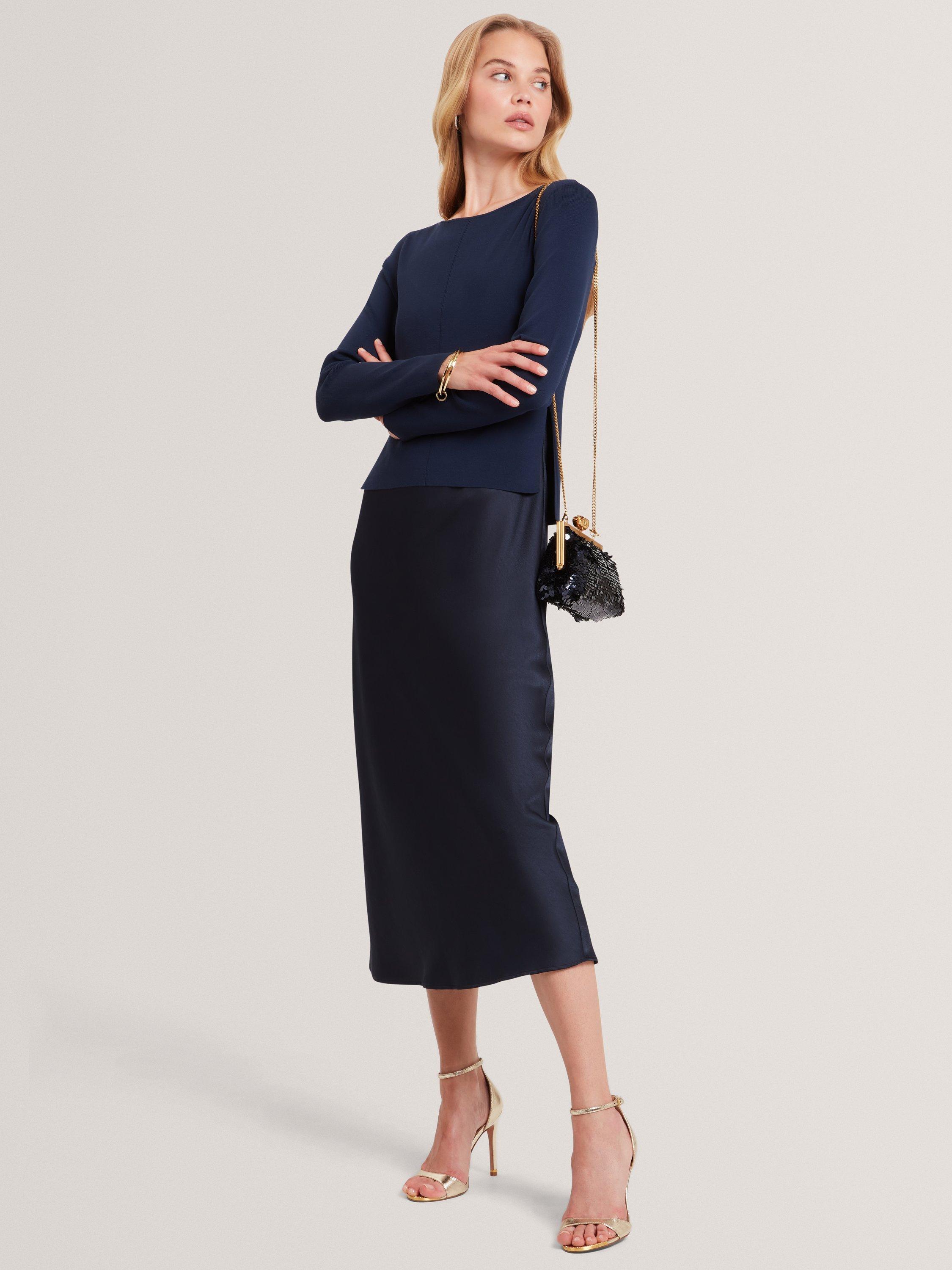 Product image 1 of 7, which shows Ted Baker Machar 2in1 Knitted Slim Midi Dress, Navy, 10