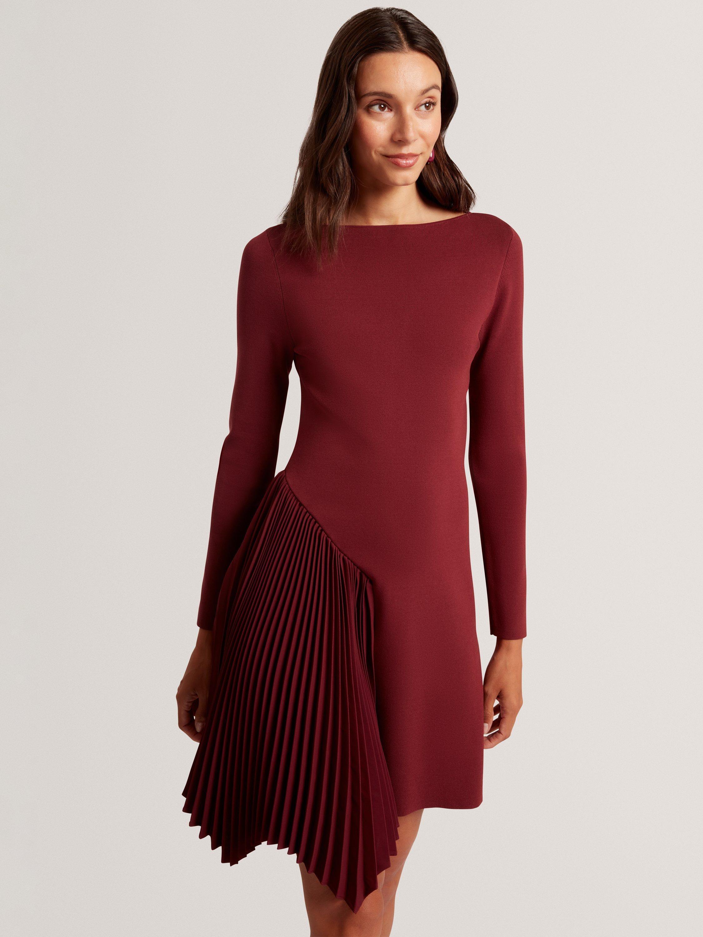 Product image 1 of 7, which shows Ted Baker Narlee Long Sleeve Boat Neck Mini Dress, Maroon, 12