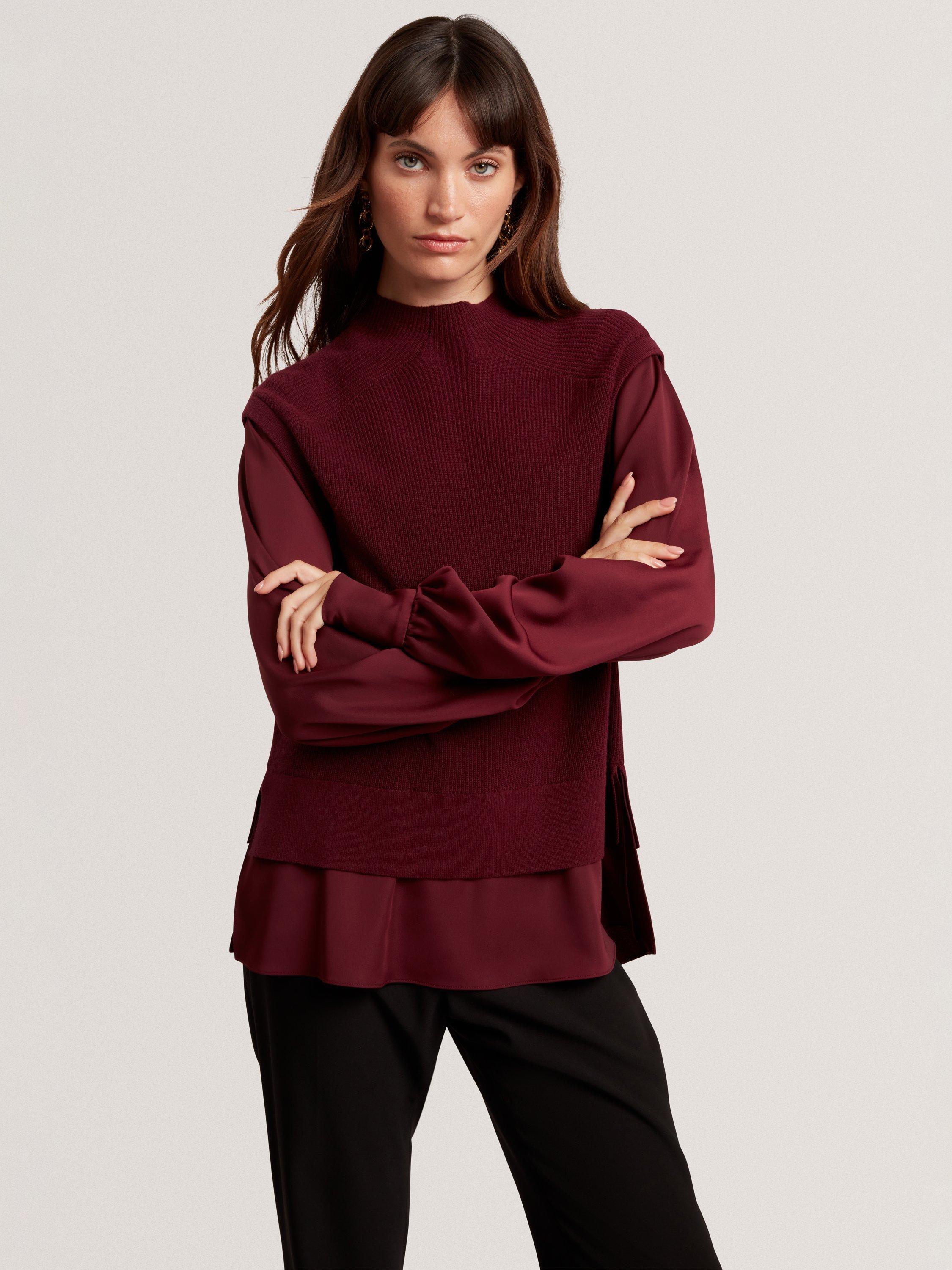Product image 1 of 7, which shows Ted Baker Caycey Woven Sleeve High Neck Jumper , Maroon, 10