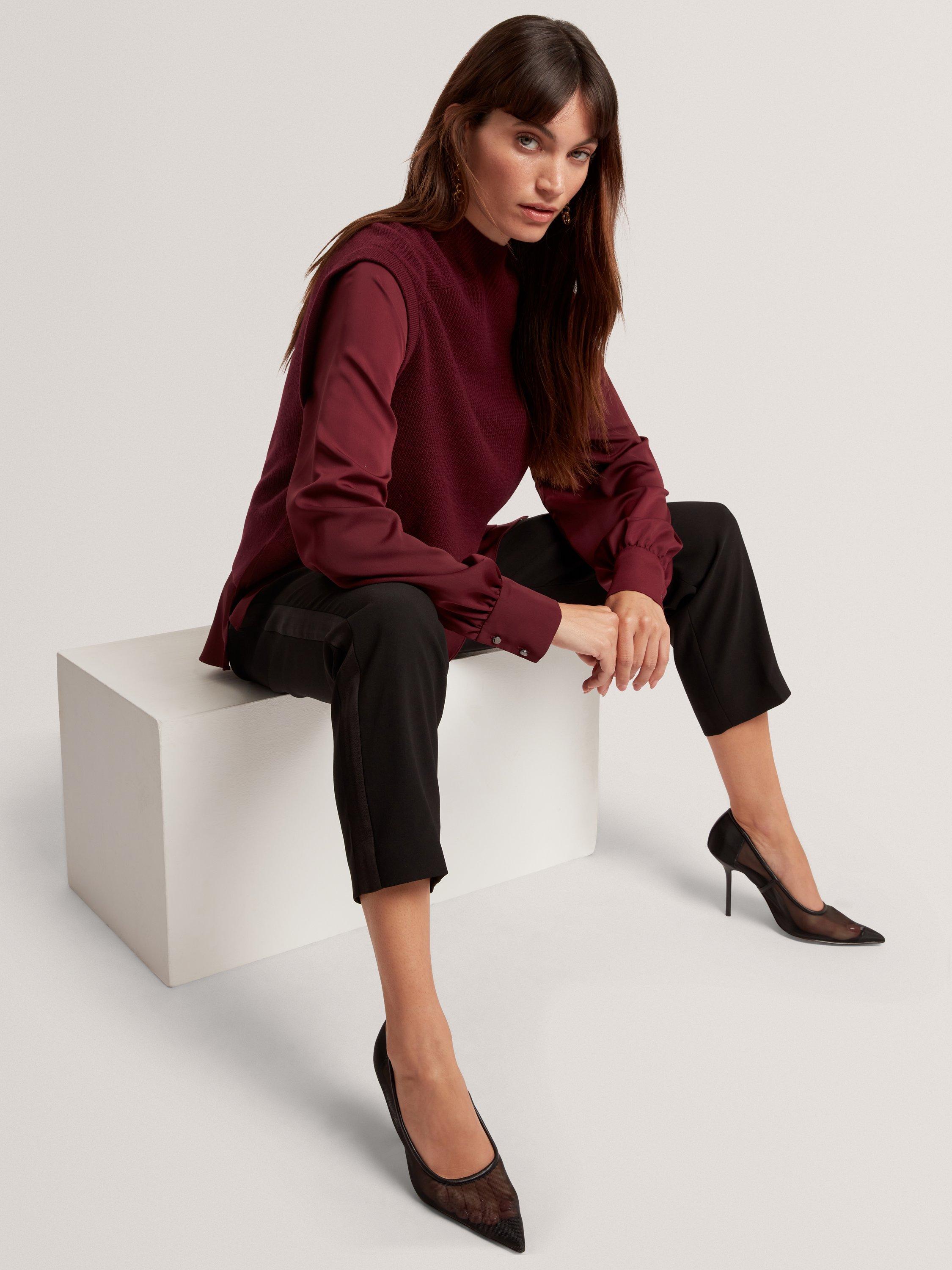 Product image 2 of 7, which shows Ted Baker Caycey Woven Sleeve High Neck Jumper , Maroon, 10