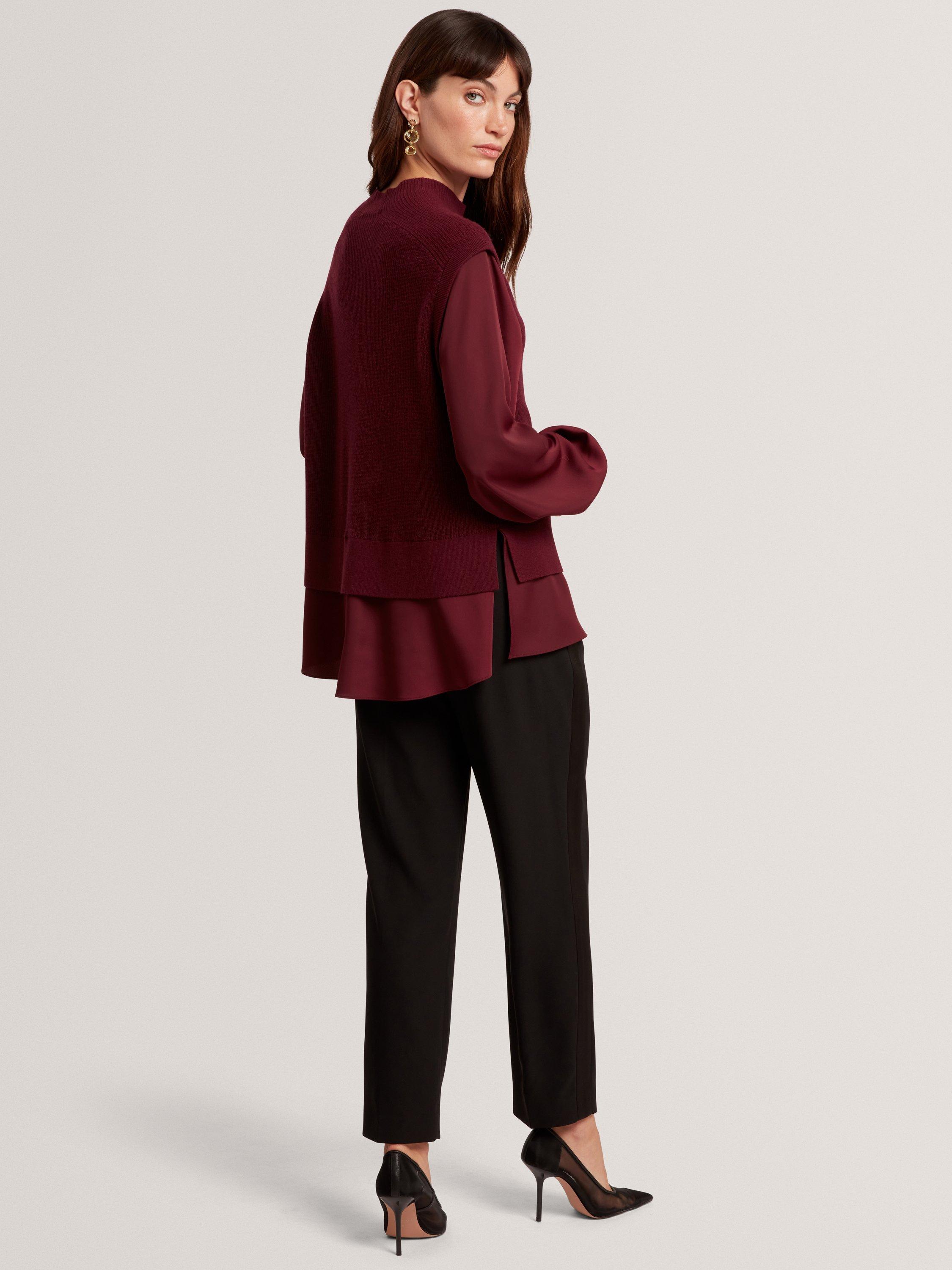 Product image 3 of 7, which shows Ted Baker Caycey Woven Sleeve High Neck Jumper , Maroon, 10