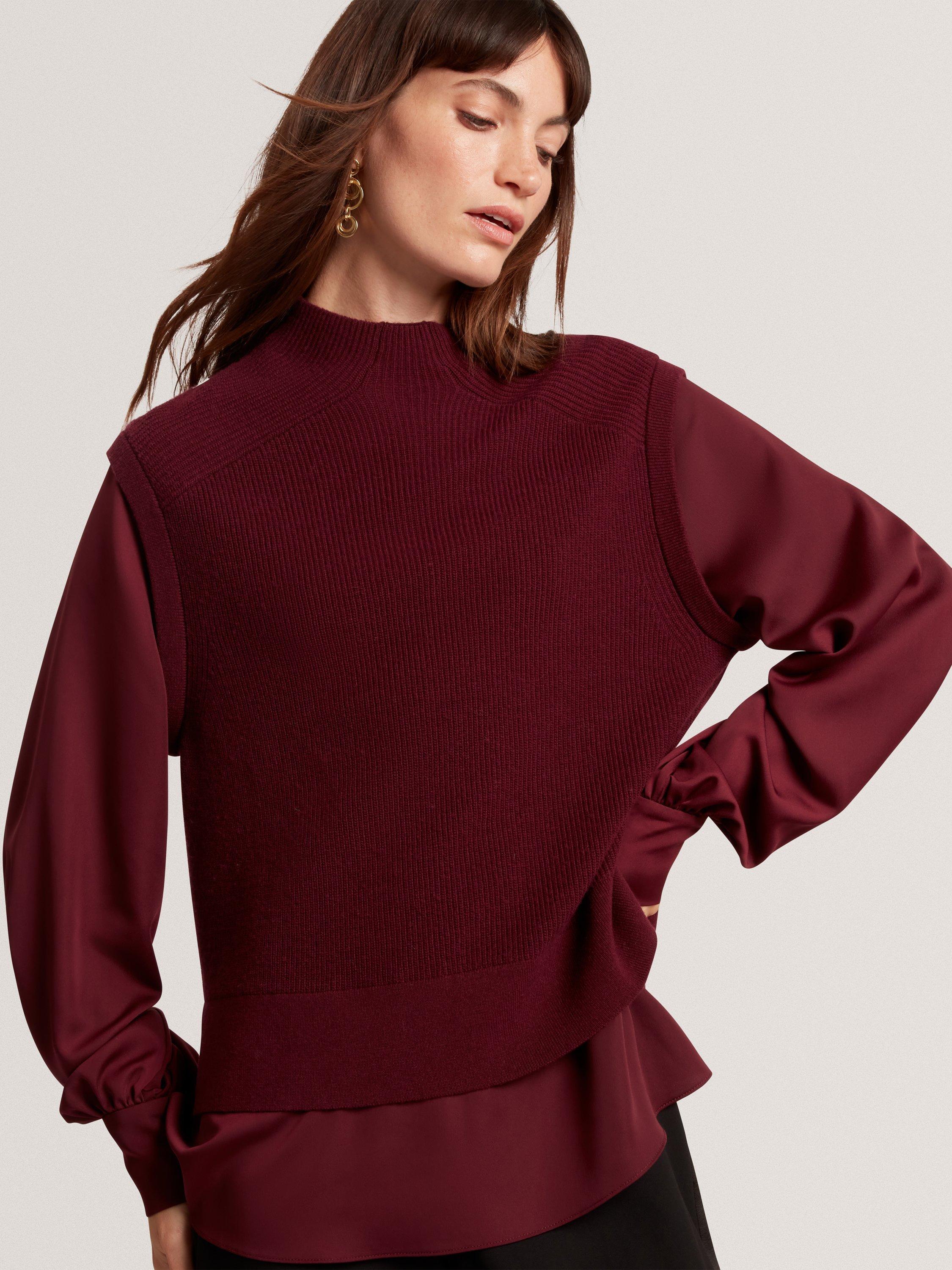 Product image 4 of 7, which shows Ted Baker Caycey Woven Sleeve High Neck Jumper , Maroon, 10