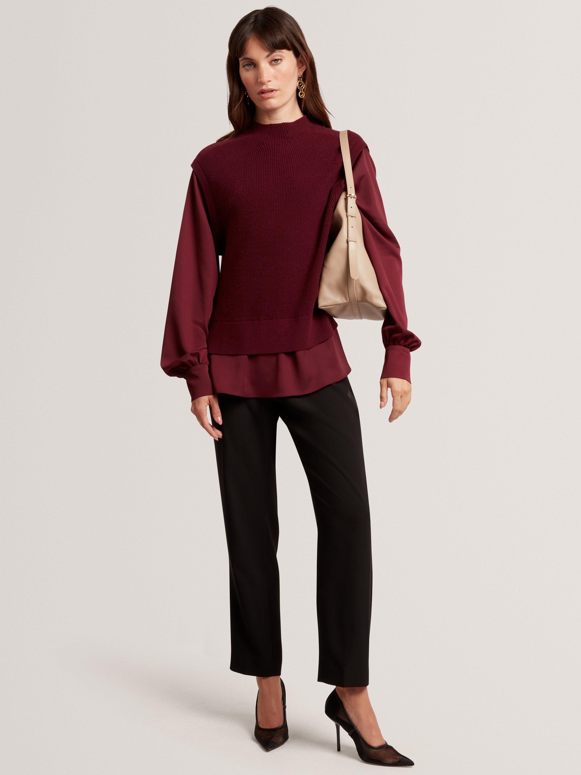 Product image 5 of 7, which shows Ted Baker Caycey Woven Sleeve High Neck Jumper , Maroon, 10