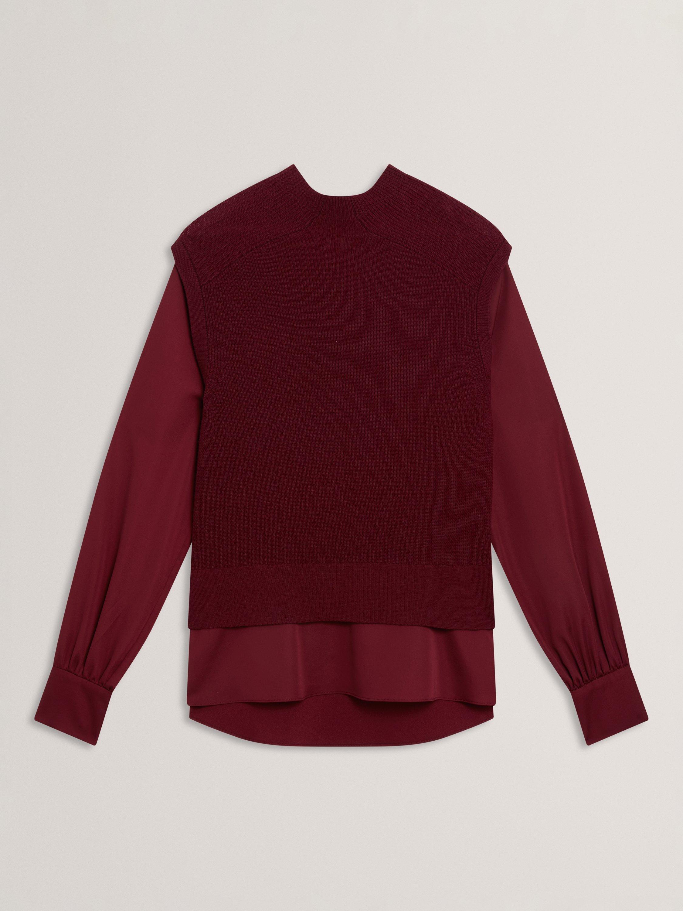 Product image 6 of 7, which shows Ted Baker Caycey Woven Sleeve High Neck Jumper , Maroon, 10