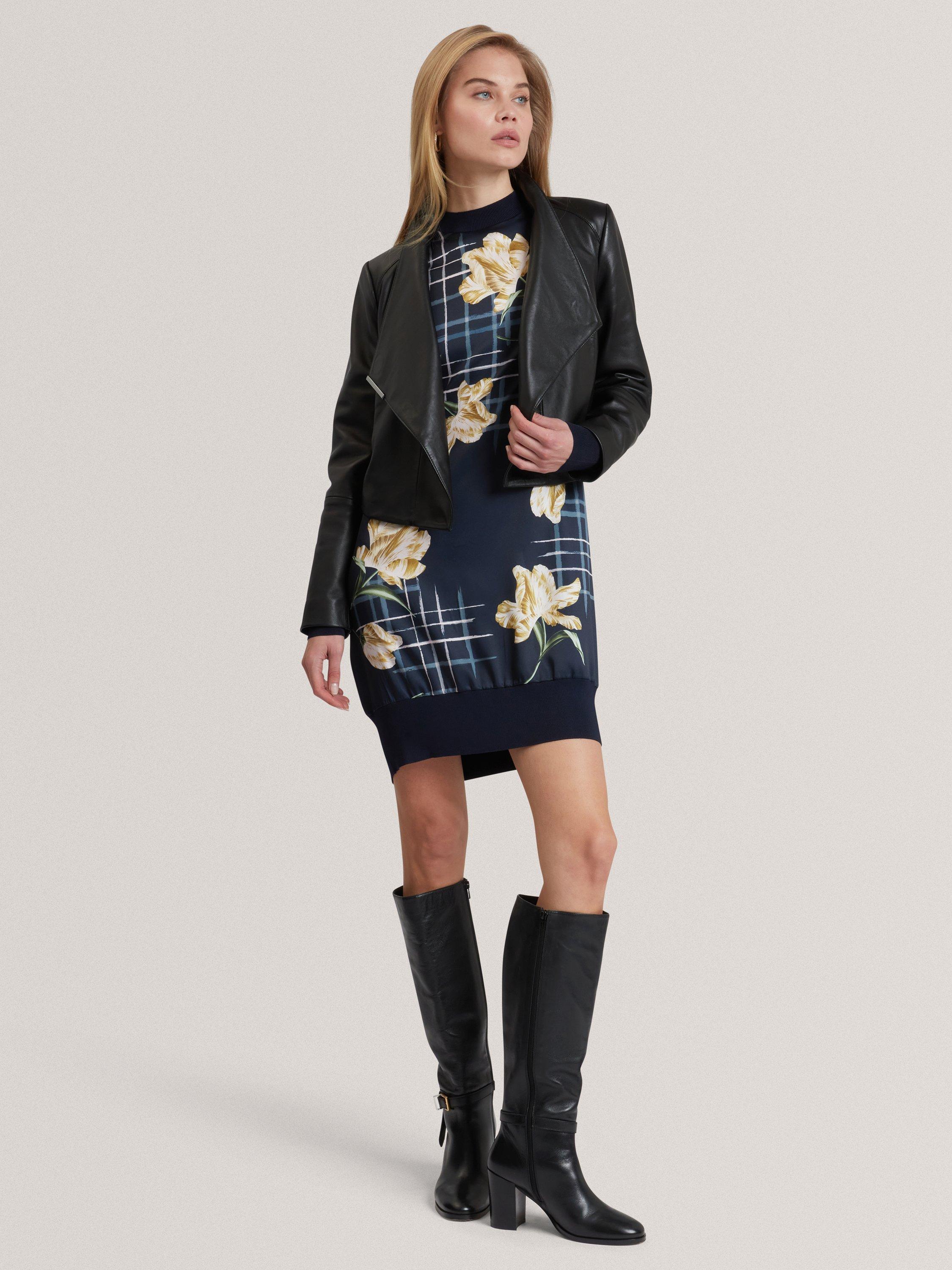 Product image 1 of 4, which shows Ted Baker Riyoze Wrap Neck Leather Cropped Jacket , Black, 8