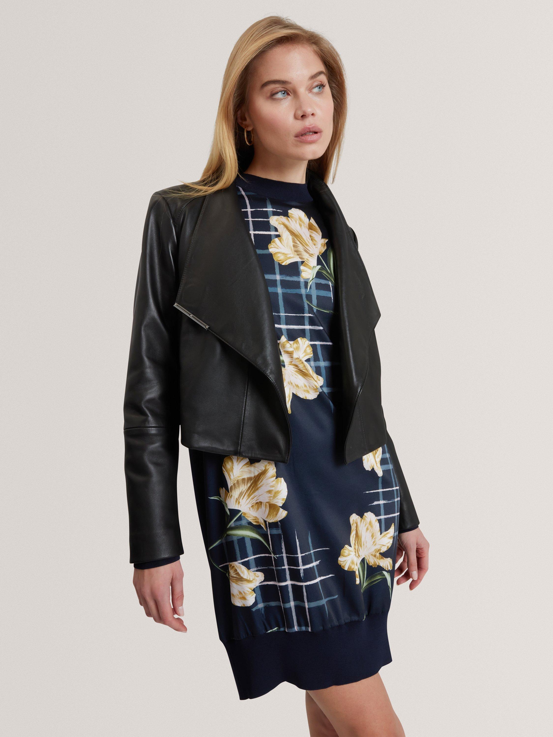 Product image 2 of 4, which shows Ted Baker Riyoze Wrap Neck Leather Cropped Jacket , Black, 8