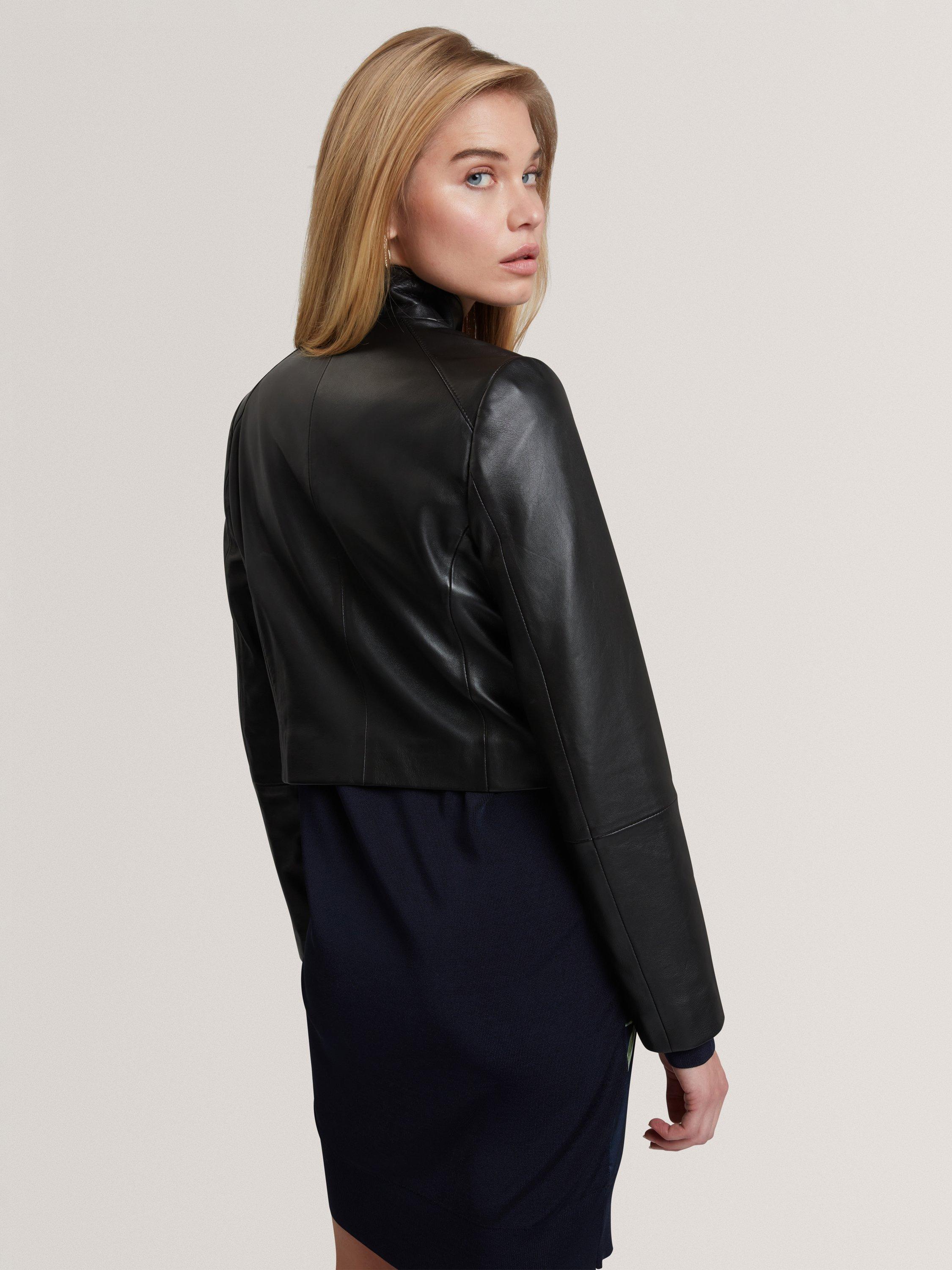Product image 3 of 4, which shows Ted Baker Riyoze Wrap Neck Leather Cropped Jacket , Black, 8