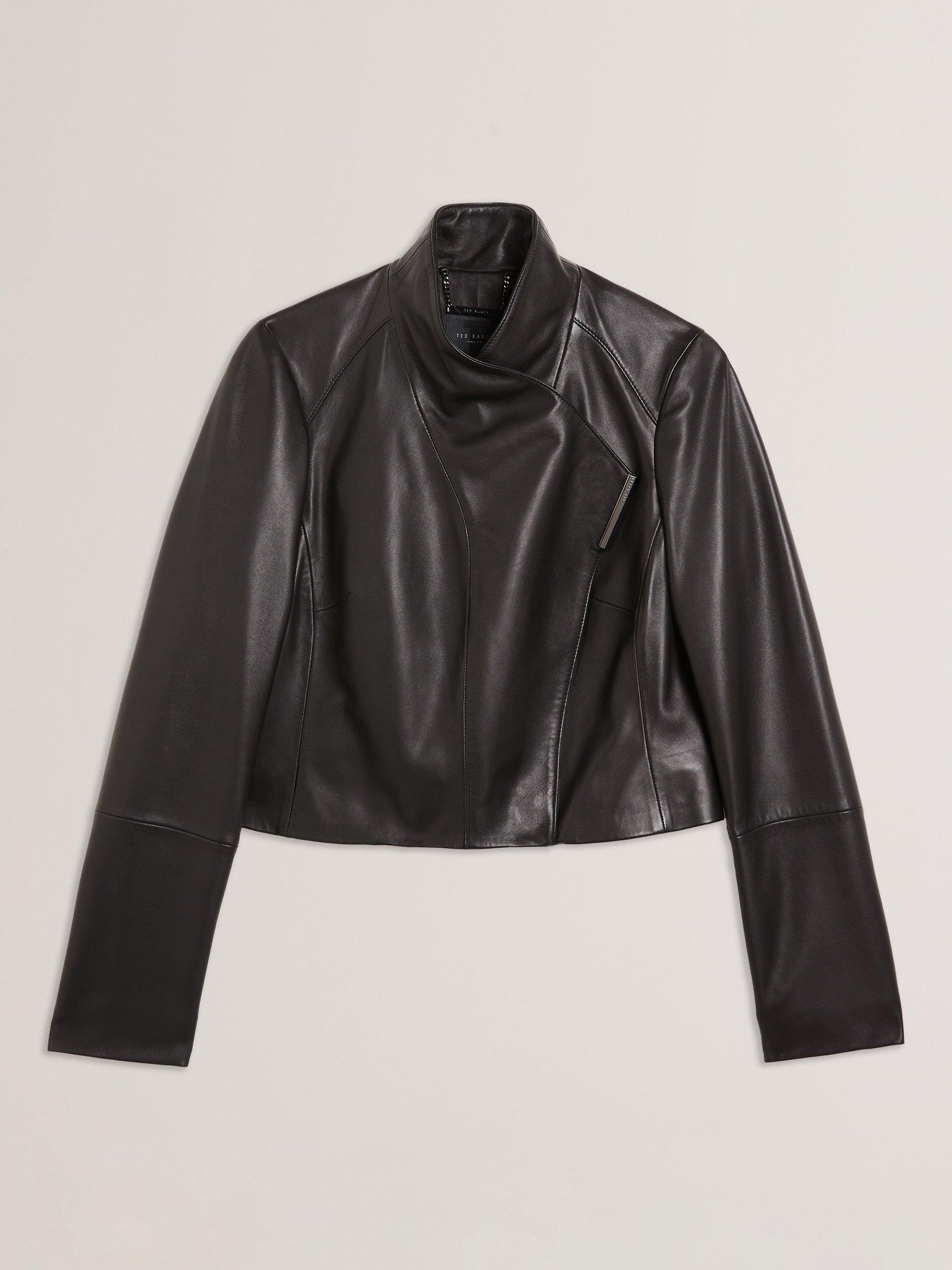 Product image 4 of 4, which shows Ted Baker Riyoze Wrap Neck Leather Cropped Jacket , Black, 8