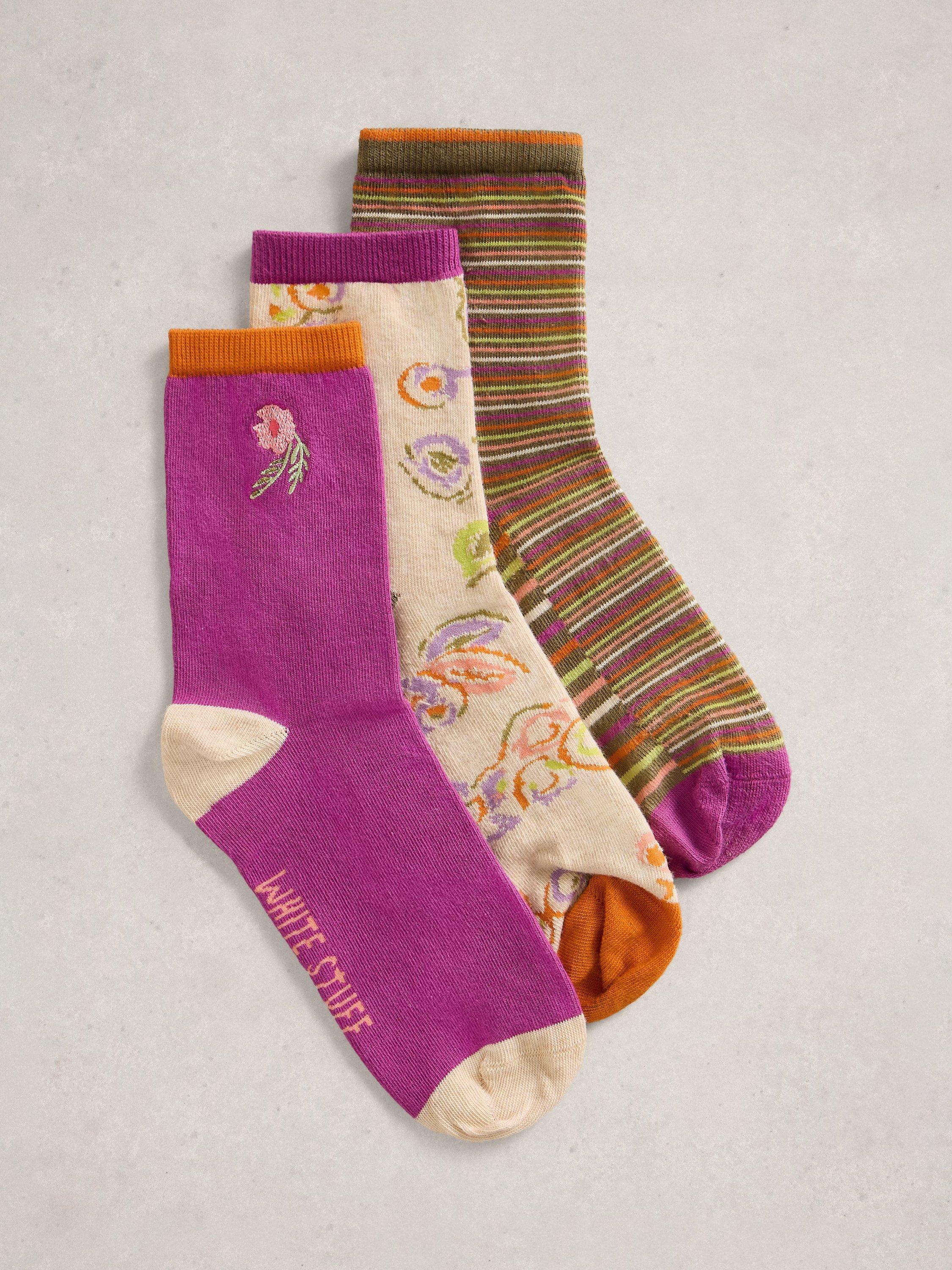 Product image 1 of 2, which shows White Stuff Floral Ankle Socks, Pack of 3, Purple/Multi, 3-5.5