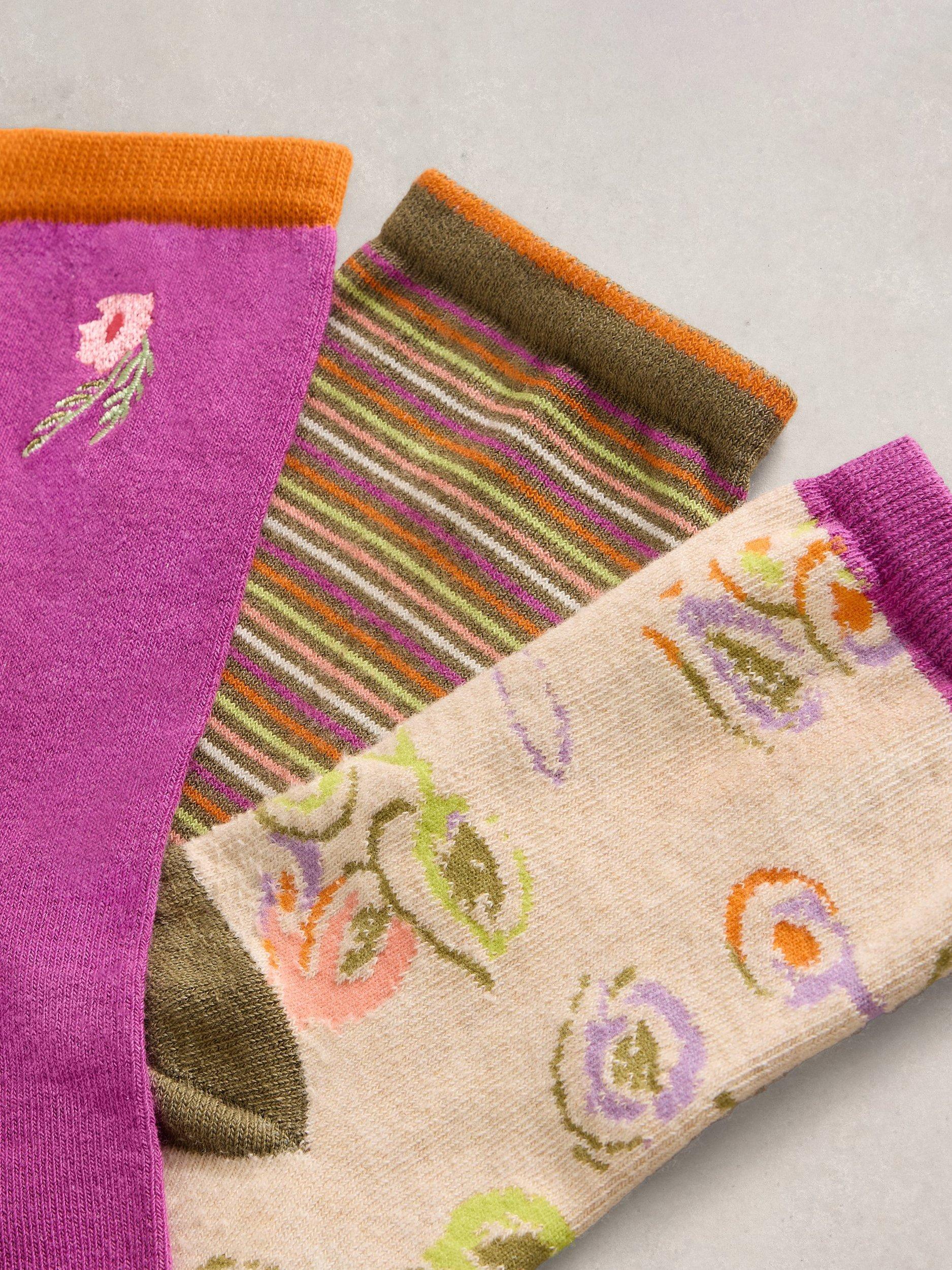 Product image 2 of 2, which shows White Stuff Floral Ankle Socks, Pack of 3, Purple/Multi, 3-5.5