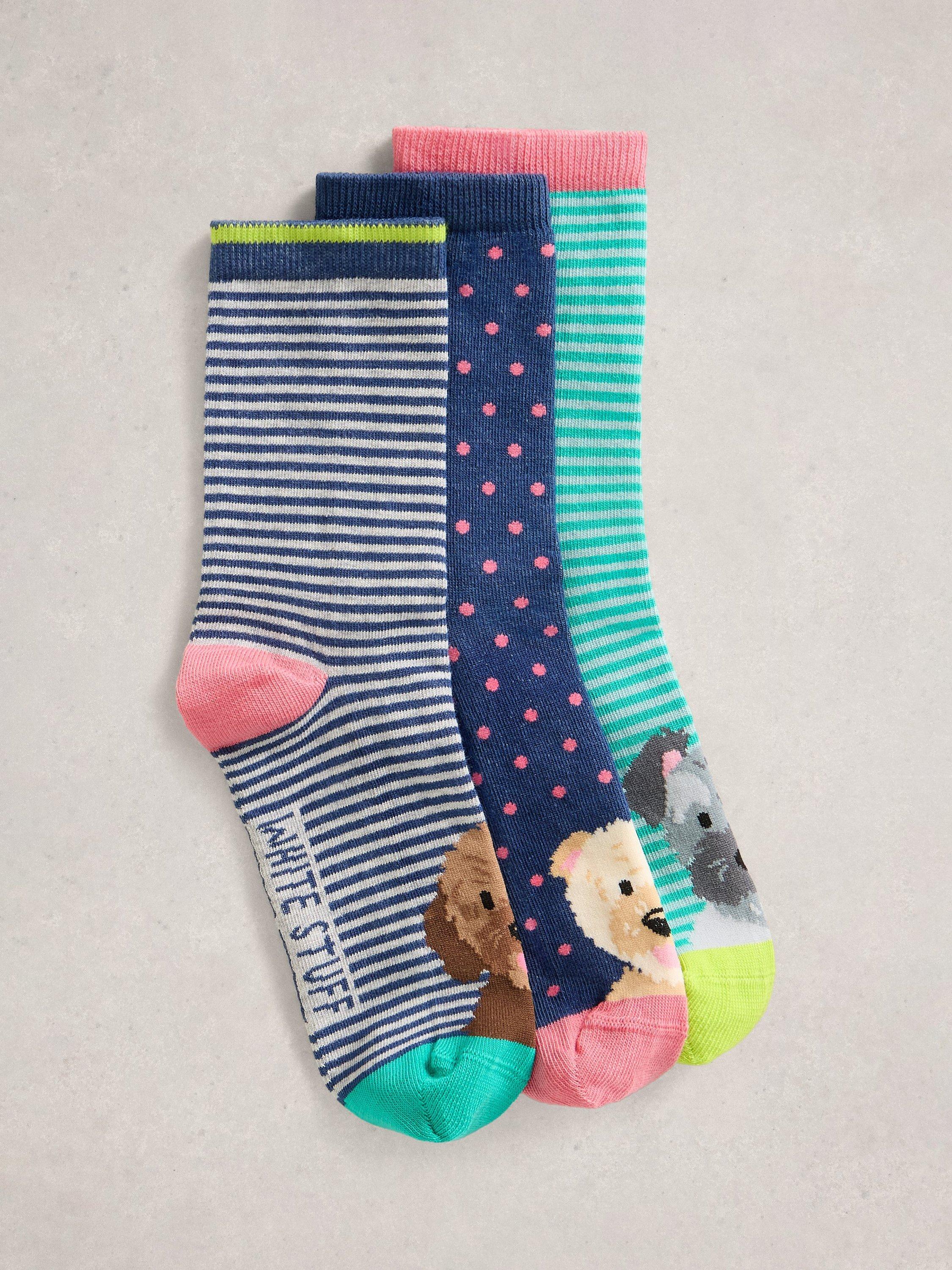 Product image 1 of 2, which shows White Stuff Dog Print Ankle Socks, Pack of 3, Blue/Multi, 3-5.5