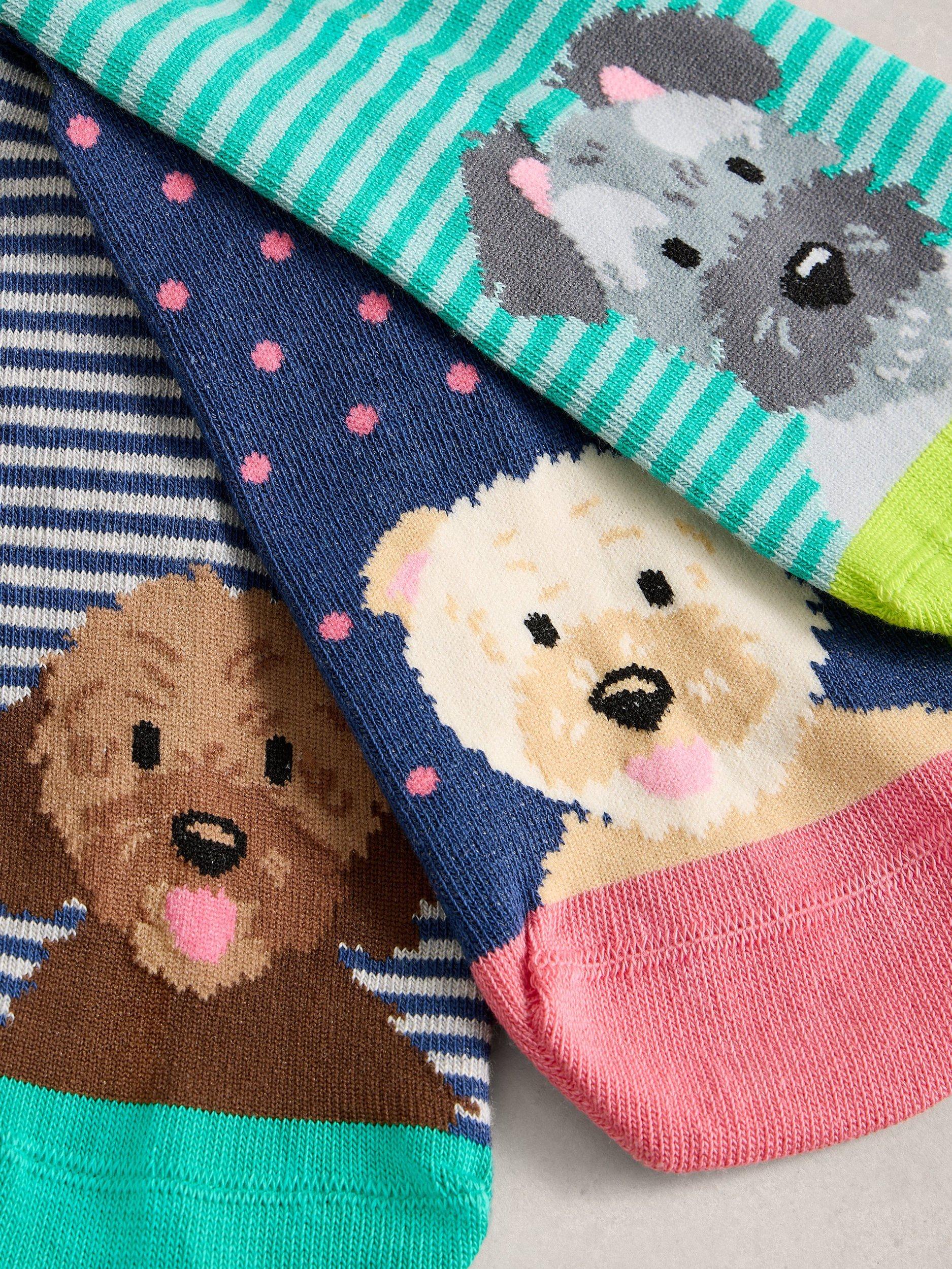 Product image 2 of 2, which shows White Stuff Dog Print Ankle Socks, Pack of 3, Blue/Multi, 3-5.5